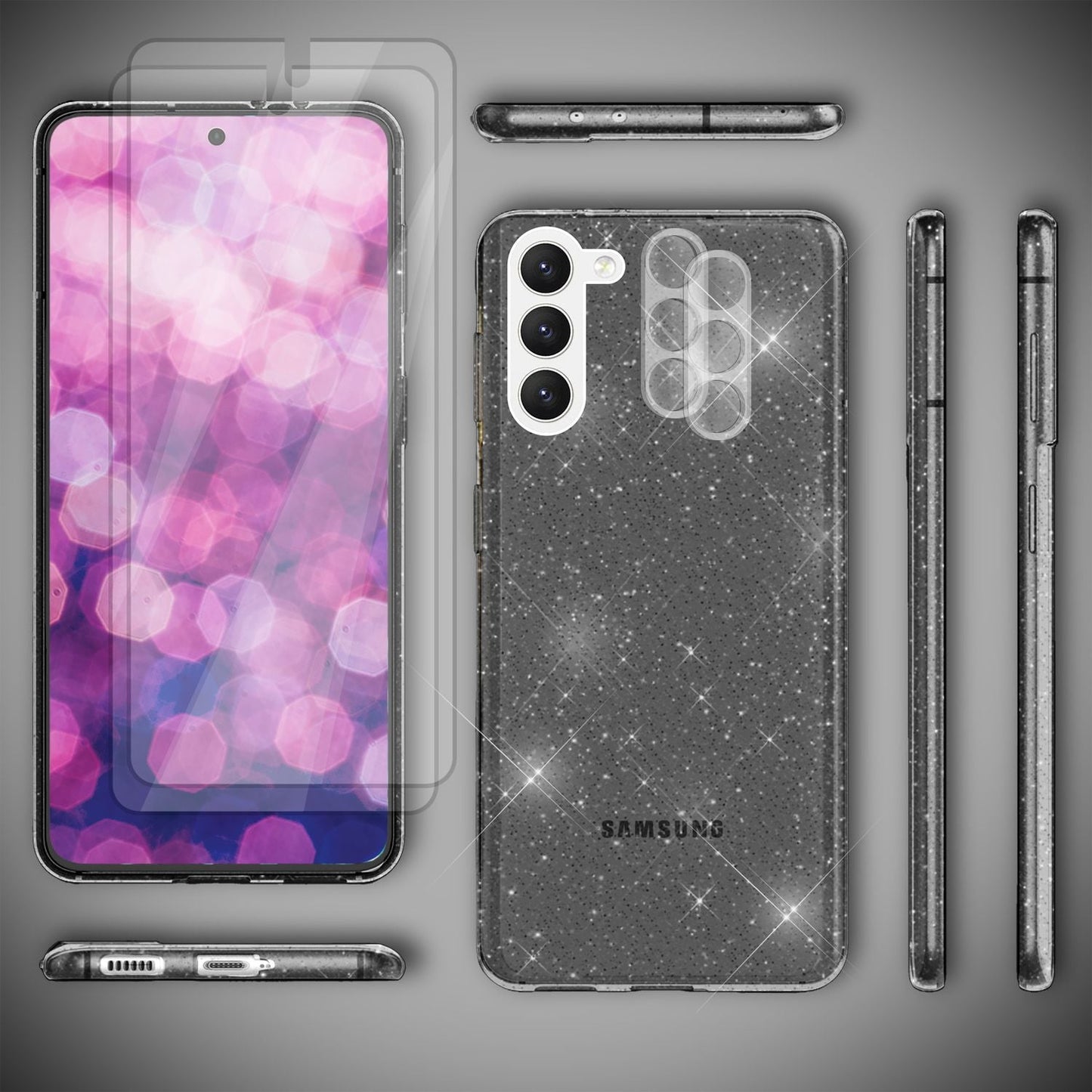 Glitzer Hülle für Samsung Galaxy S23, 2x Displayglas & Kameraschutz