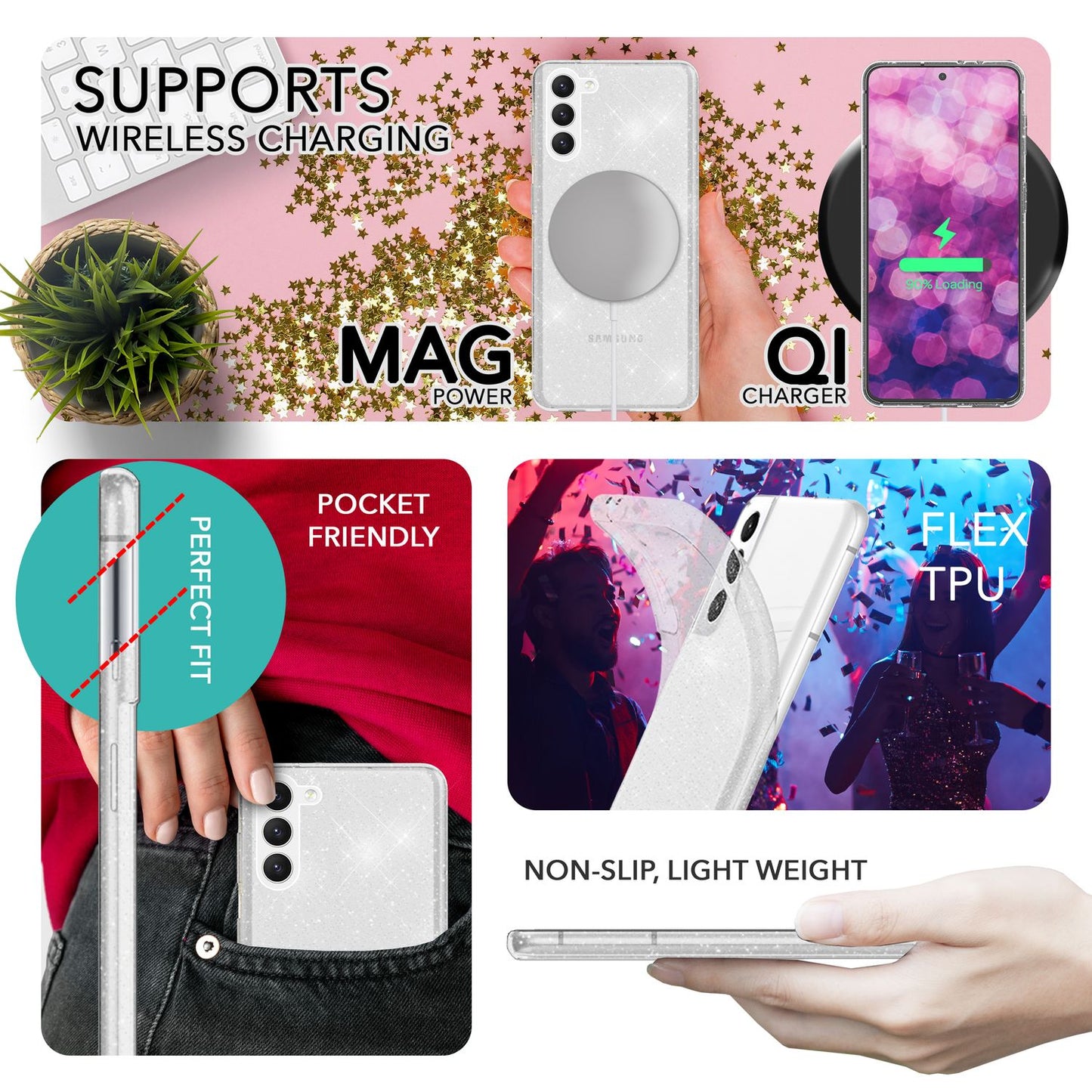 Husă NALIA Dazzlin cu sclipici - Capacitate particule strălucitoare, performanță de protecție premium, potrivire perfectă pentru Galaxy S23 Plus