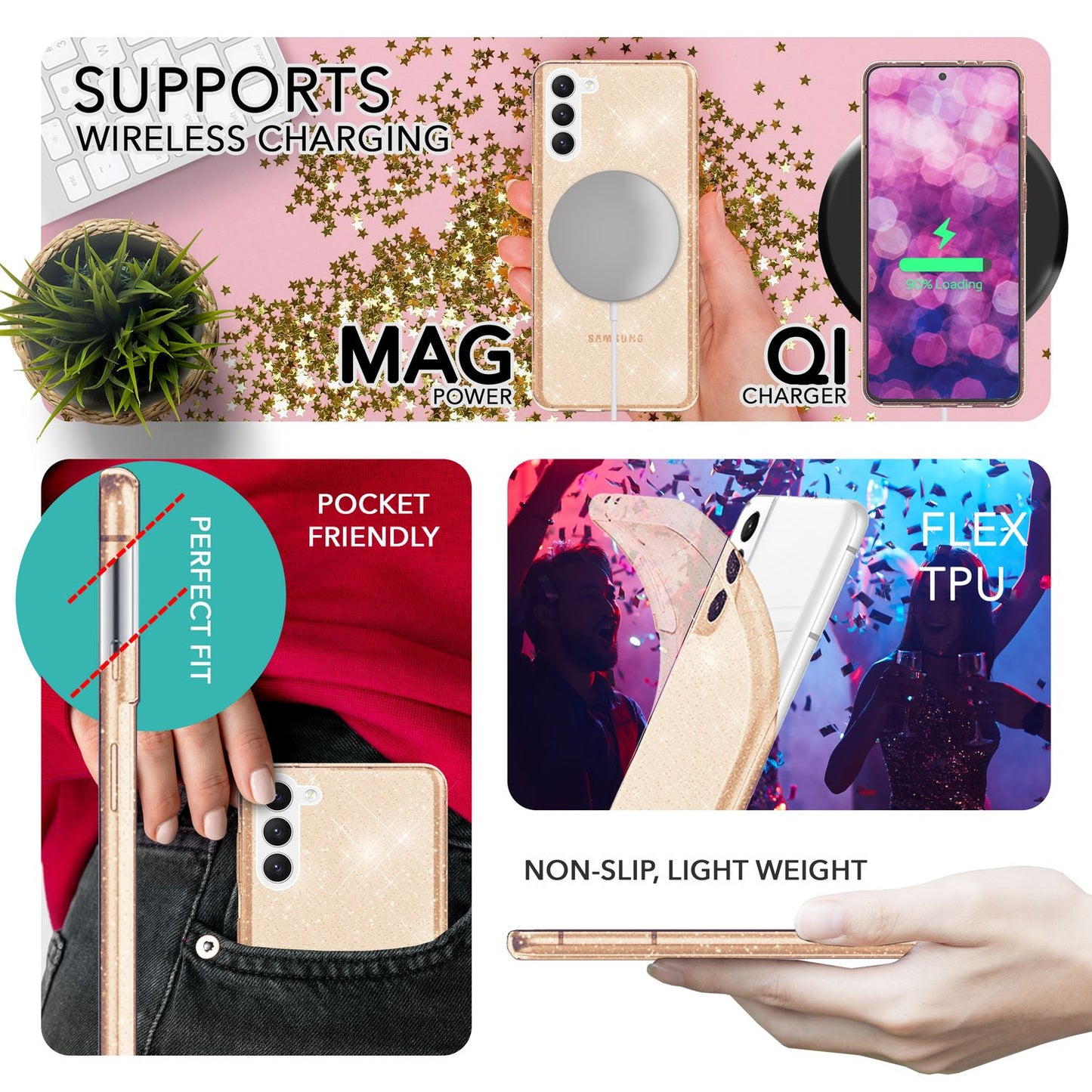 Husă NALIA Dazzlin cu sclipici - Capacitate particule strălucitoare, performanță de protecție premium, potrivire perfectă pentru Galaxy S23 Plus