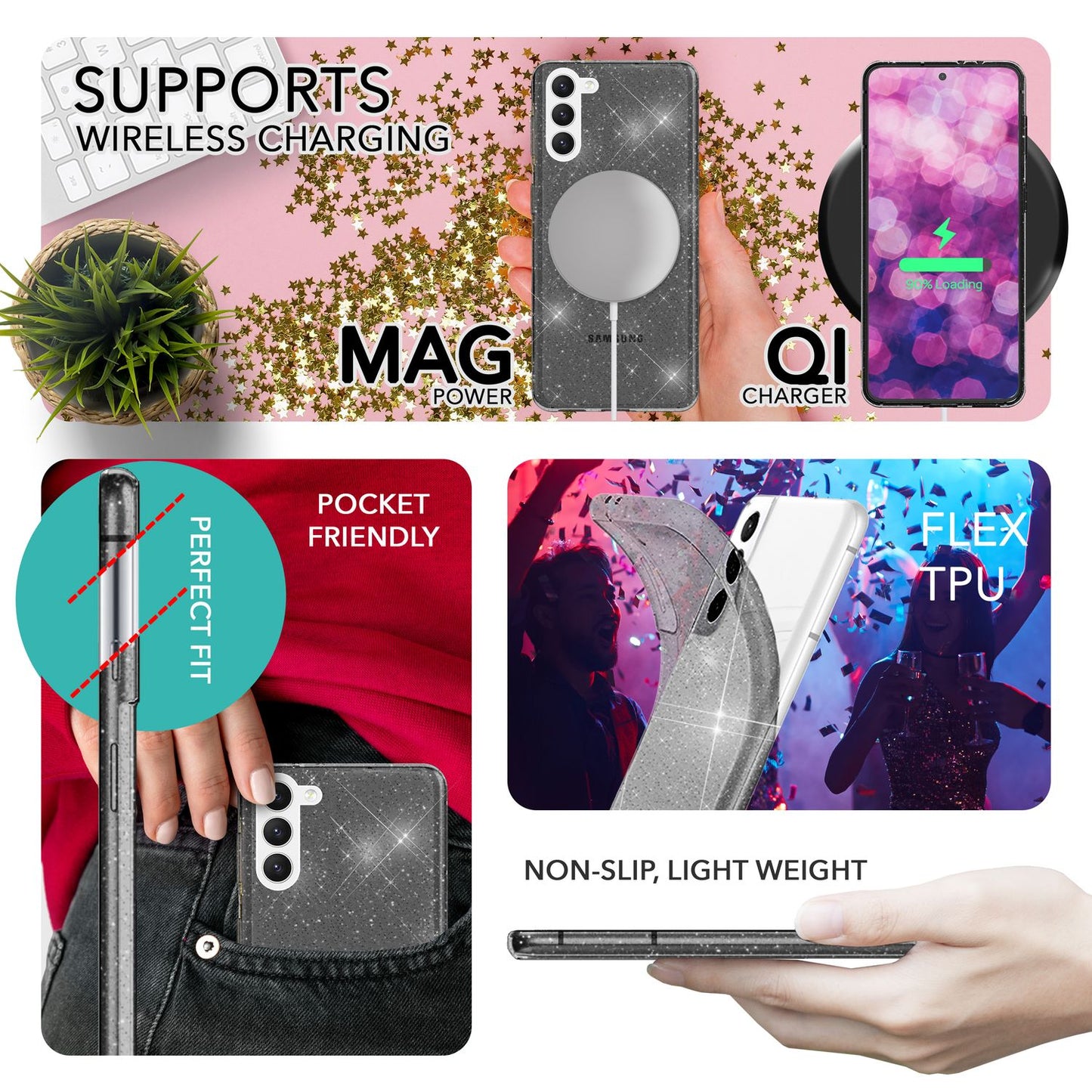 Husă NALIA Dazzlin cu sclipici - Capacitate particule strălucitoare, performanță de protecție premium, potrivire perfectă pentru Galaxy S23 Plus