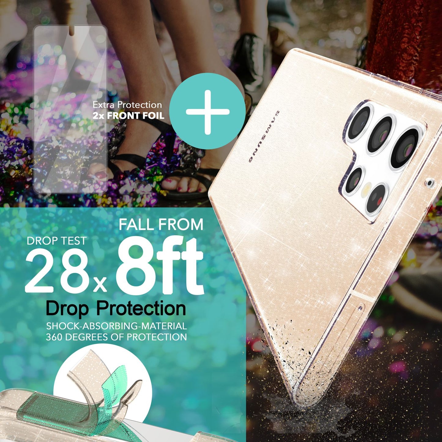 Carcasă cu sclipici pentru Samsung Galaxy S23 Ultra, 2 folii de protecție pentru ecran