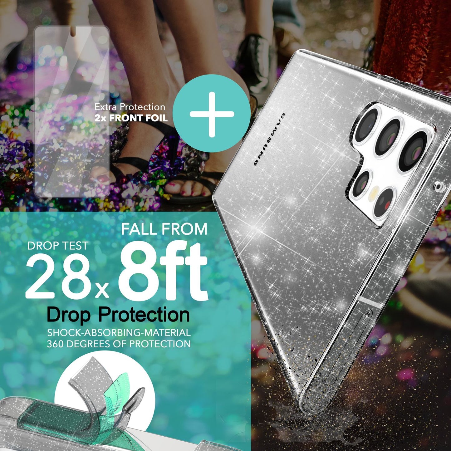 Carcasă cu sclipici pentru Samsung Galaxy S23 Ultra, 2 folii de protecție pentru ecran