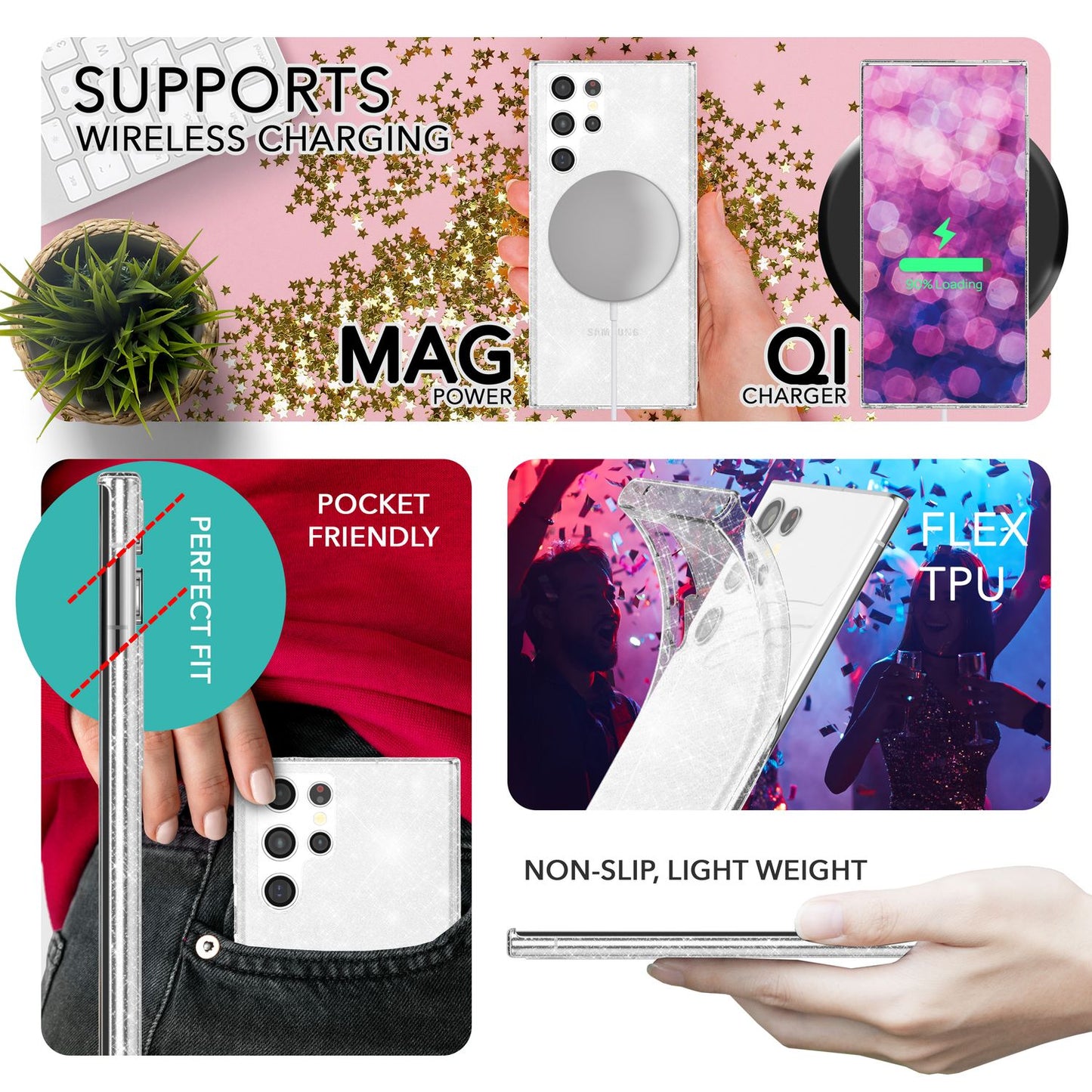 Carcasă cu sclipici pentru Samsung Galaxy S23 Ultra, 2 folii de protecție pentru ecran