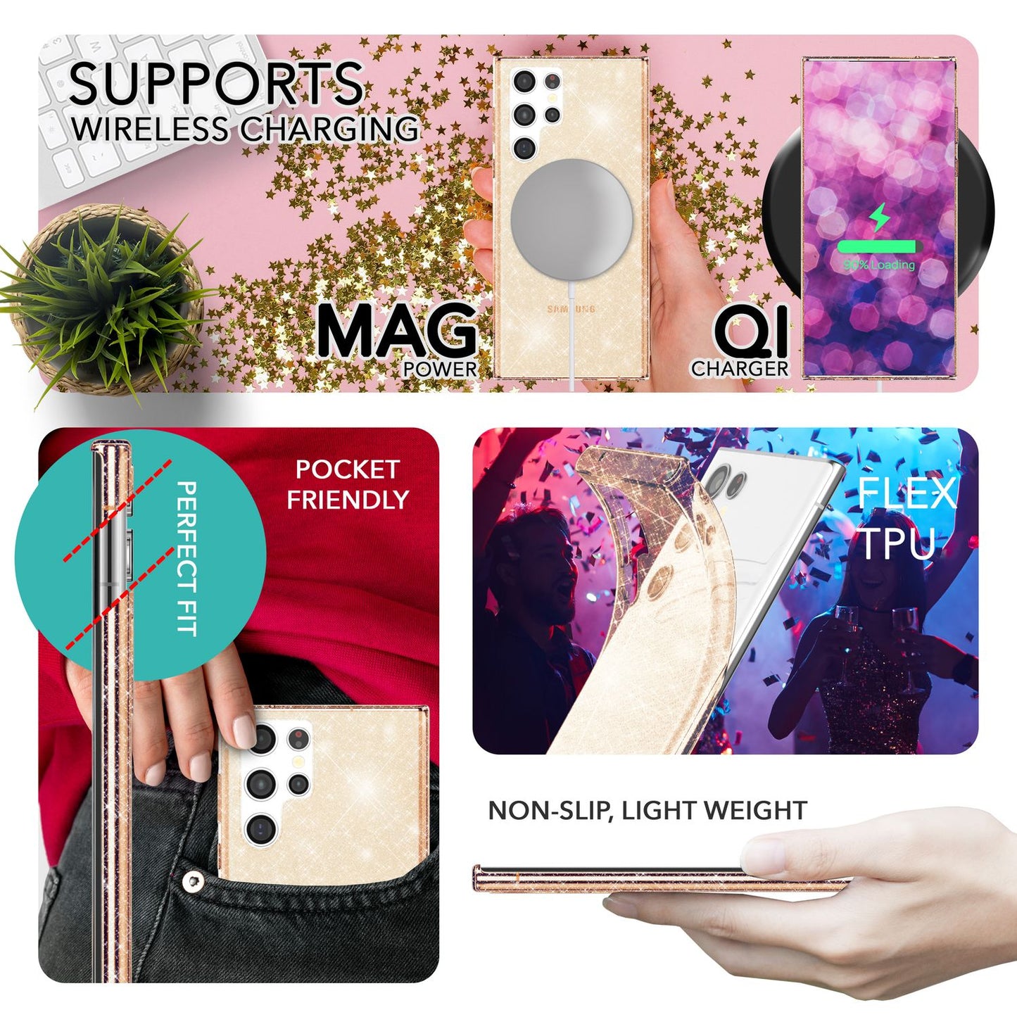 Carcasă cu sclipici pentru Samsung Galaxy S23 Ultra, 2 folii de protecție pentru ecran