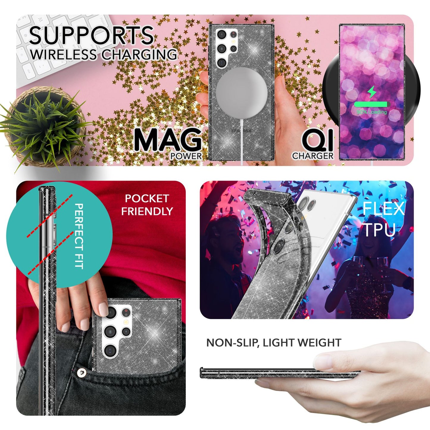 Carcasă cu sclipici pentru Samsung Galaxy S23 Ultra, 2 folii de protecție pentru ecran