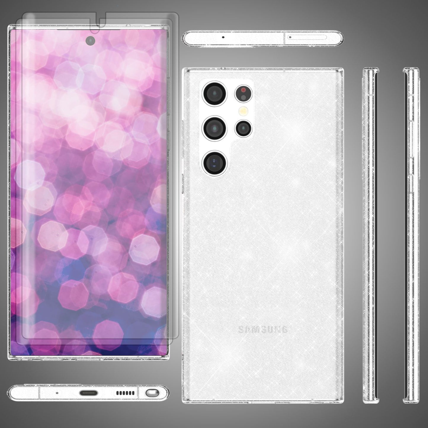 Carcasă cu sclipici pentru Samsung Galaxy S23 Ultra, 2 folii de protecție pentru ecran