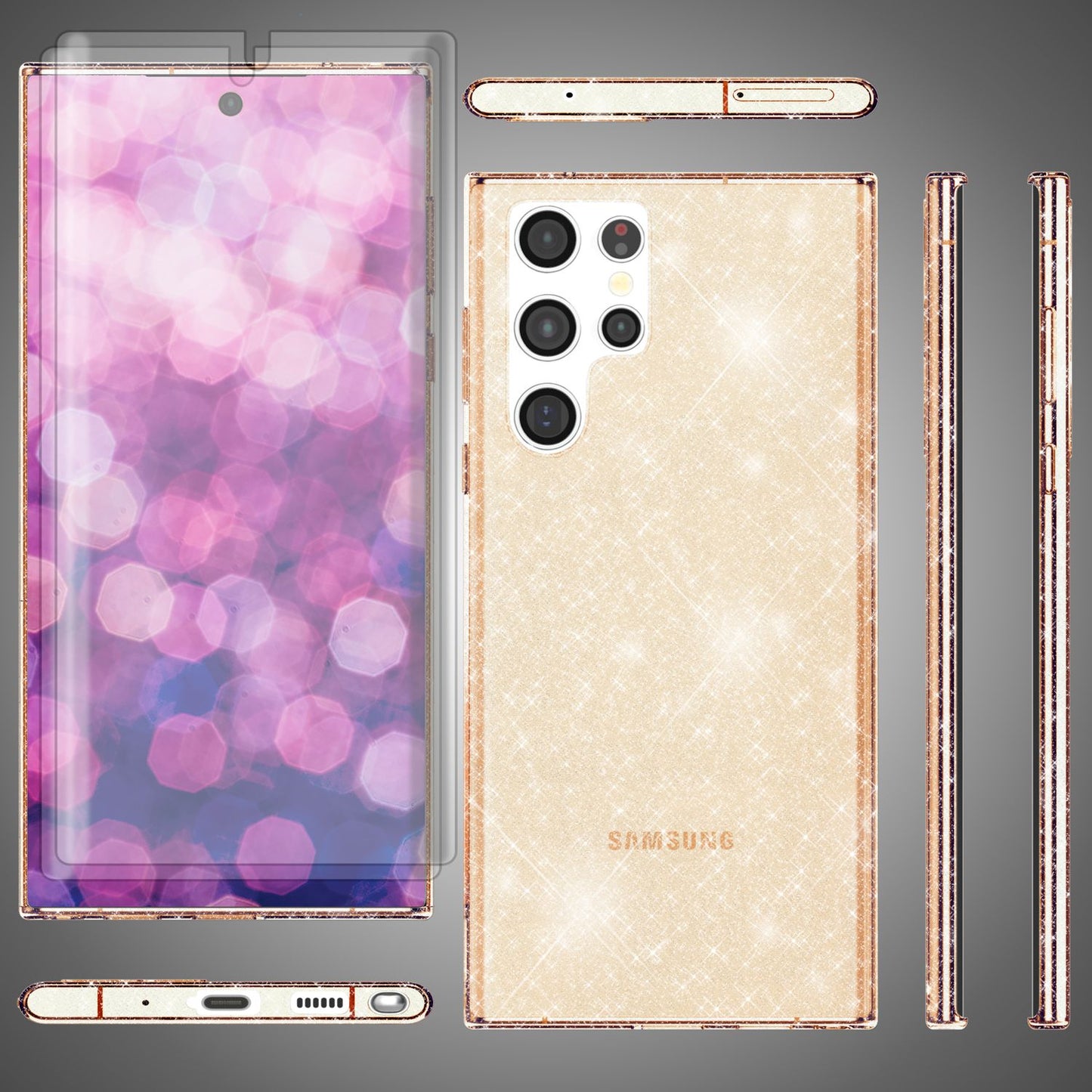 Carcasă cu sclipici pentru Samsung Galaxy S23 Ultra, 2 folii de protecție pentru ecran