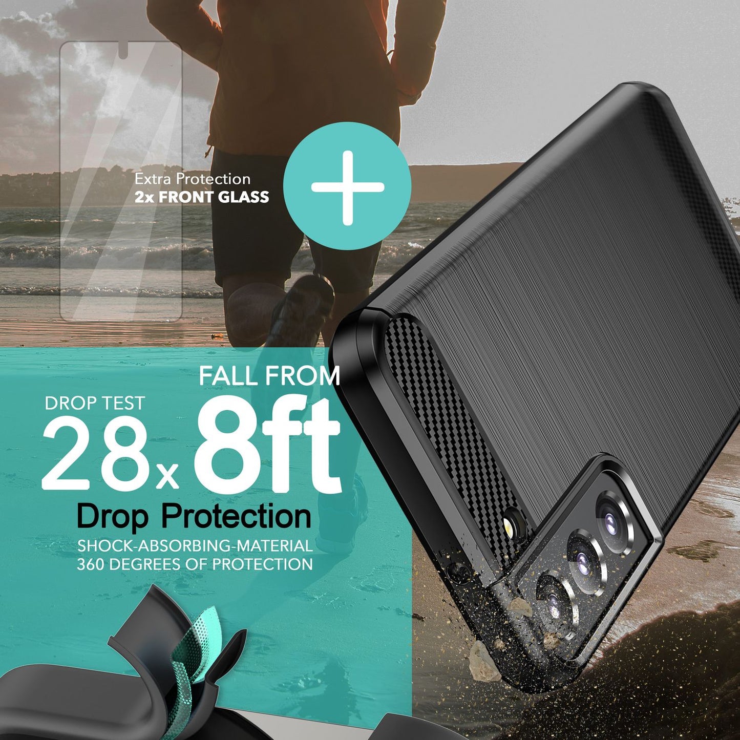 Carbon Look Hülle für Samsung Galaxy S23 Plus, 2x Displayschutz Glas, Schwarz