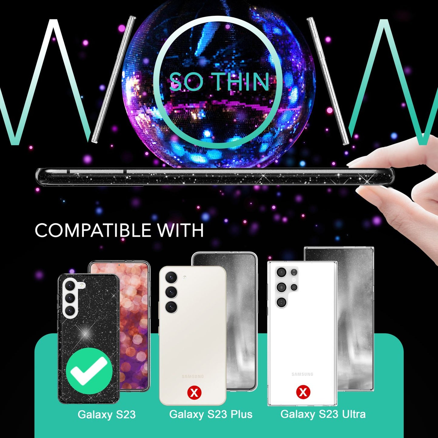 Carcasă hibridă din silicon cu sclipici pentru Samsung Galaxy S23, 2x folii de protecție pentru ecran