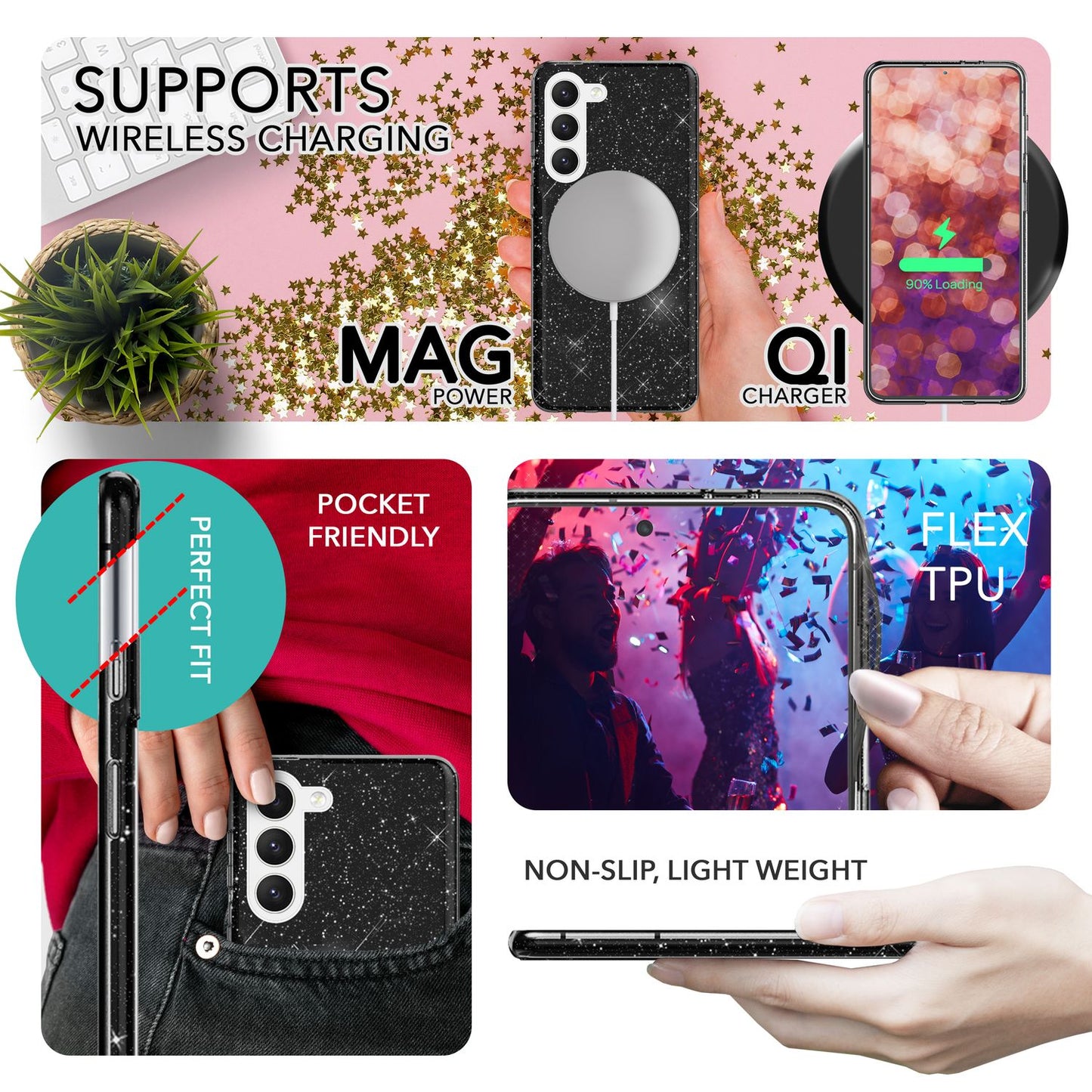 Carcasă hibridă din silicon cu sclipici pentru Samsung Galaxy S23, 2x folii de protecție pentru ecran