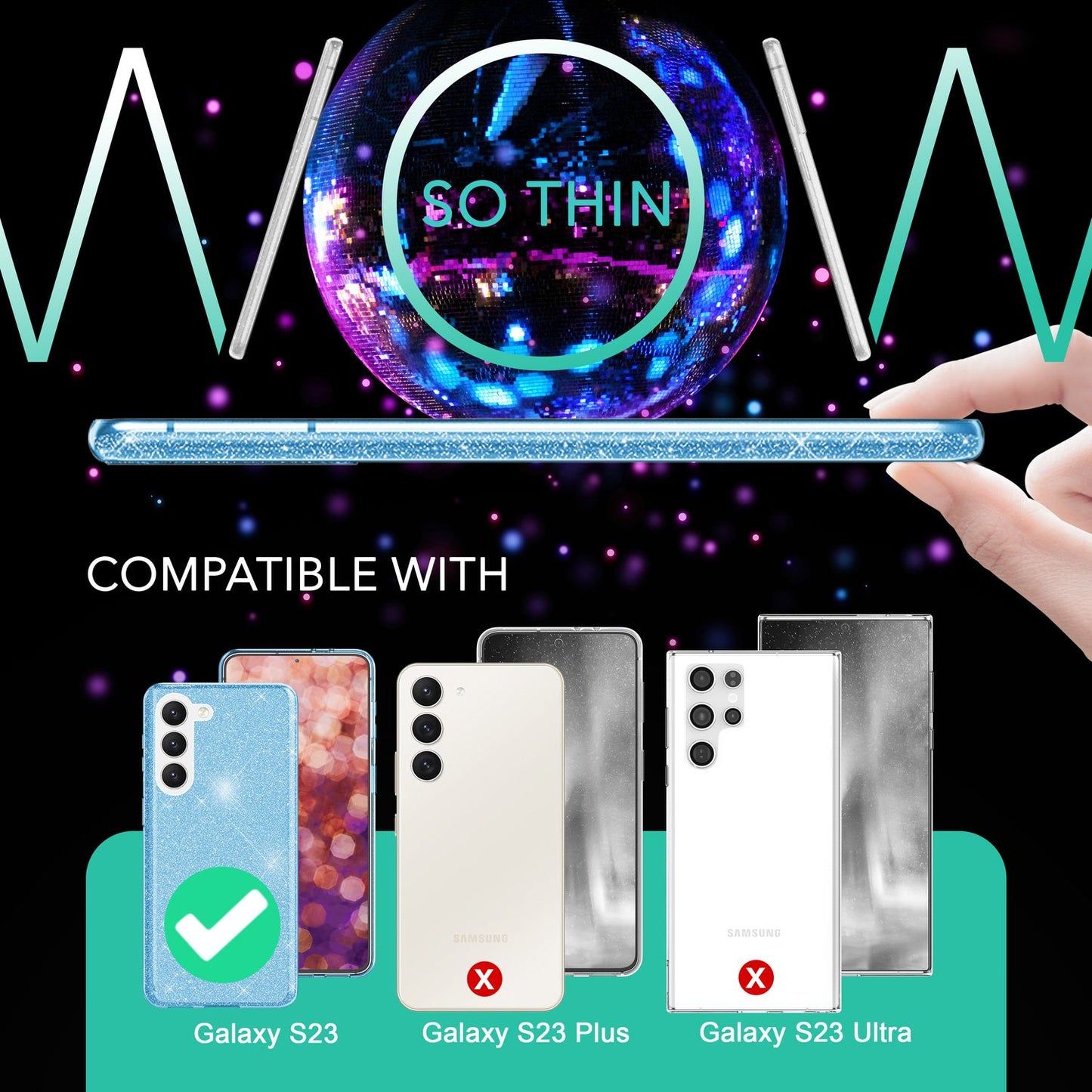 Carcasă hibridă din silicon cu sclipici pentru Samsung Galaxy S23, 2x folii de protecție pentru ecran