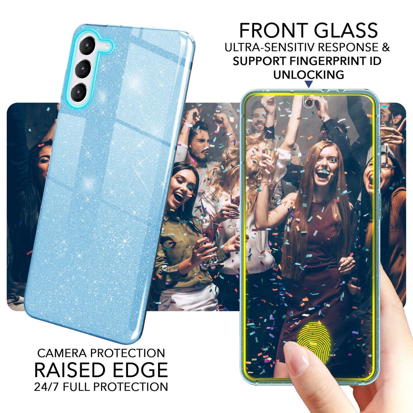 Carcasă hibridă din silicon cu sclipici pentru Samsung Galaxy S23, 2x folii de protecție pentru ecran