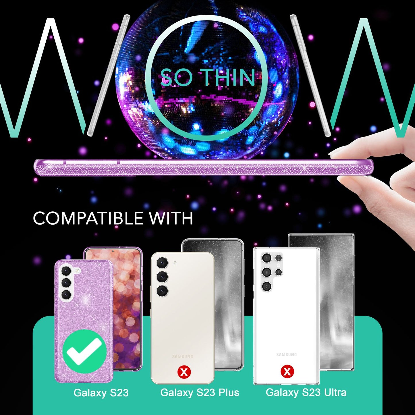 Carcasă hibridă din silicon cu sclipici pentru Samsung Galaxy S23, 2x folii de protecție pentru ecran