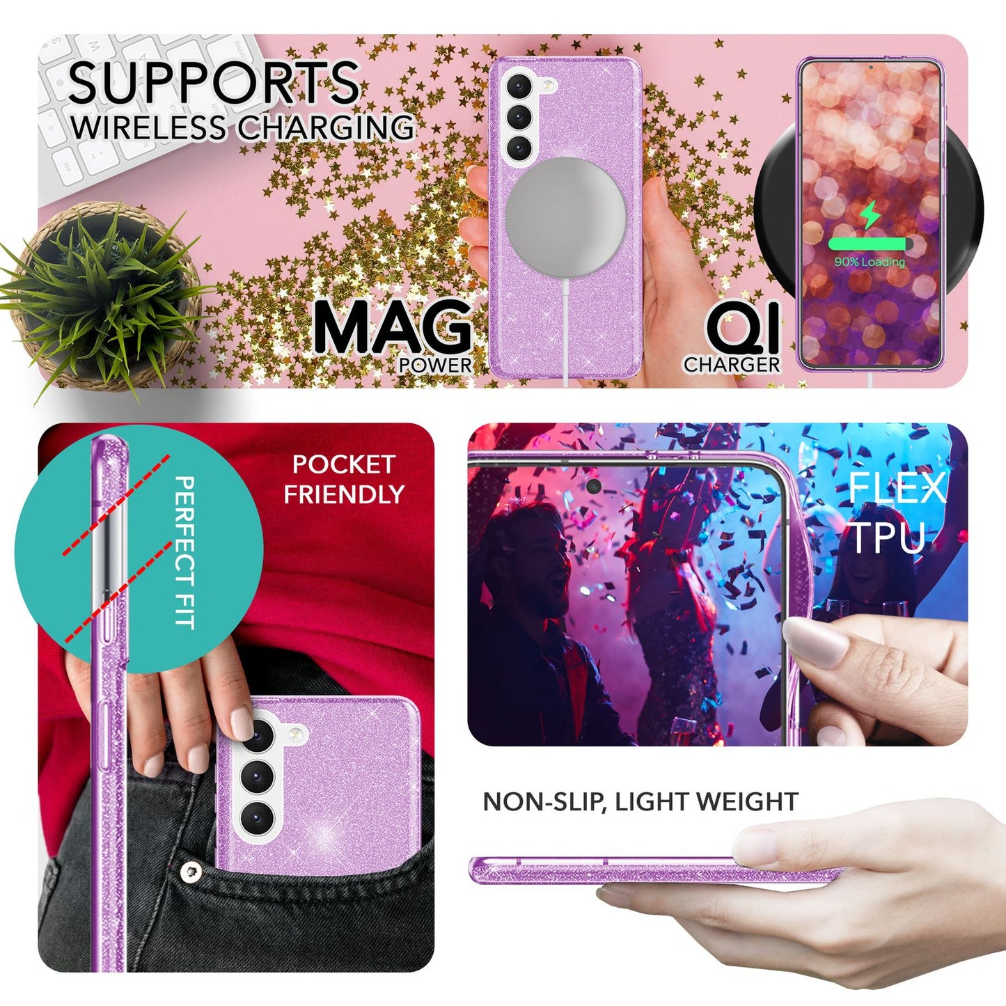 Carcasă hibridă din silicon cu sclipici pentru Samsung Galaxy S23, 2x folii de protecție pentru ecran