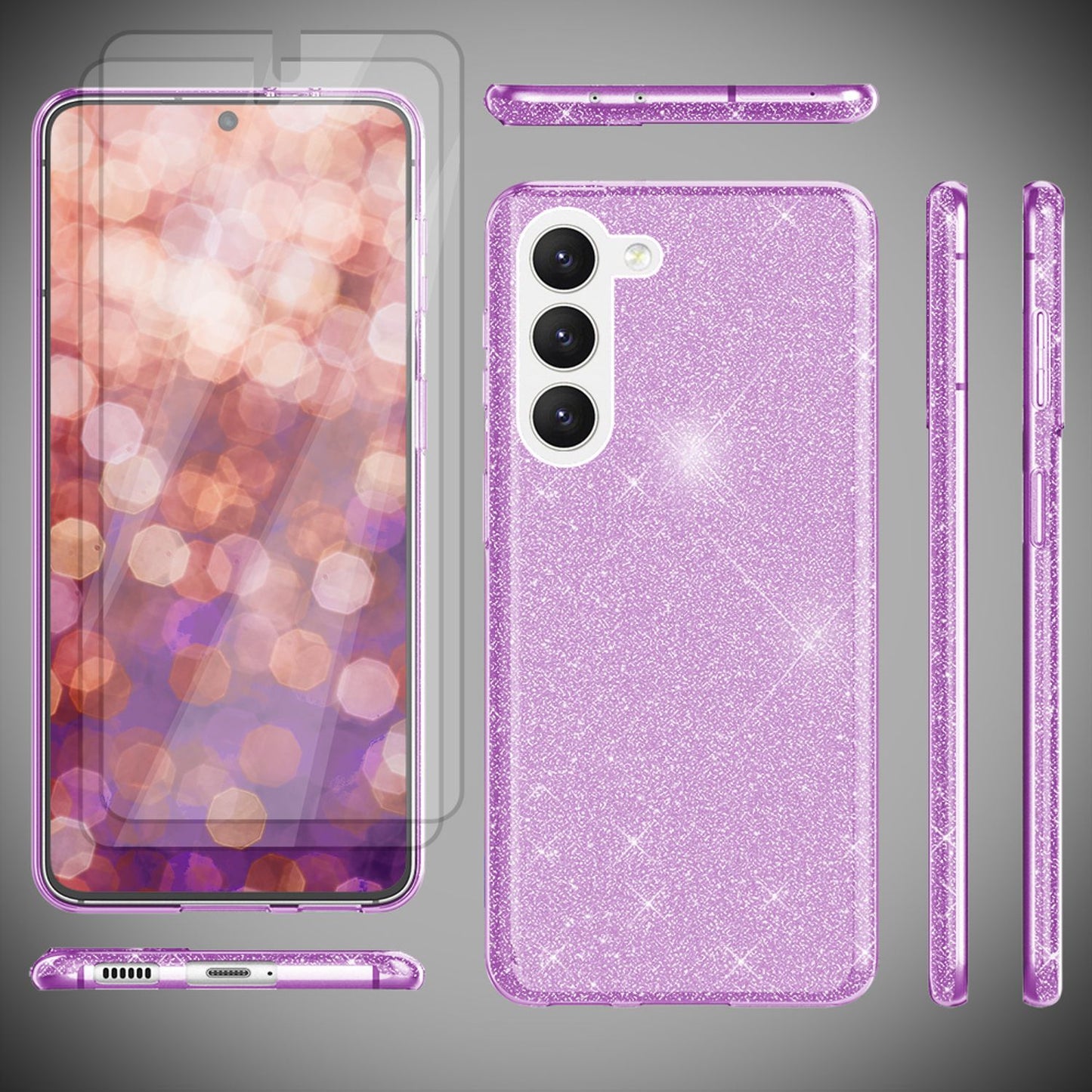 Carcasă hibridă din silicon cu sclipici pentru Samsung Galaxy S23, 2x folii de protecție pentru ecran