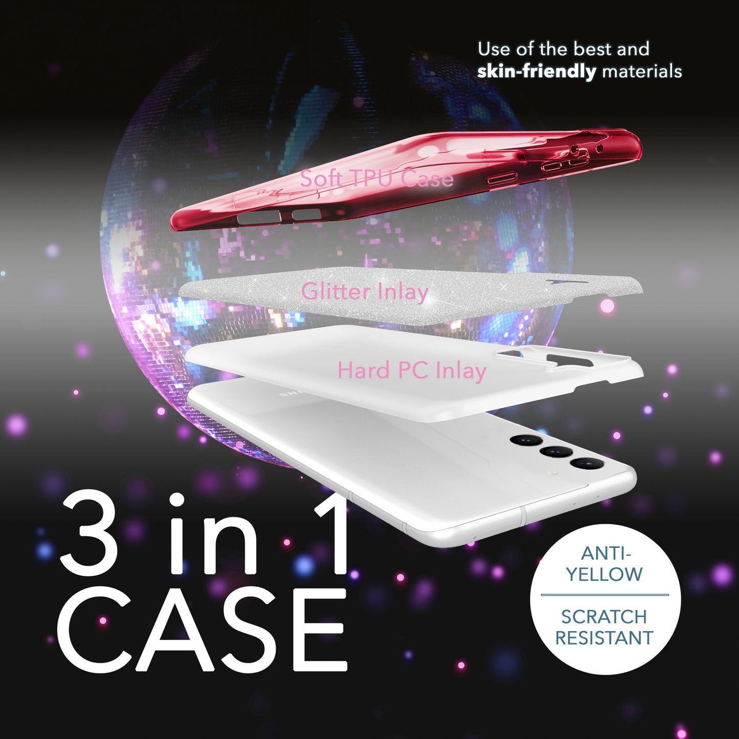 Carcasă hibridă din silicon cu sclipici pentru Samsung Galaxy S23, 2x folii de protecție pentru ecran