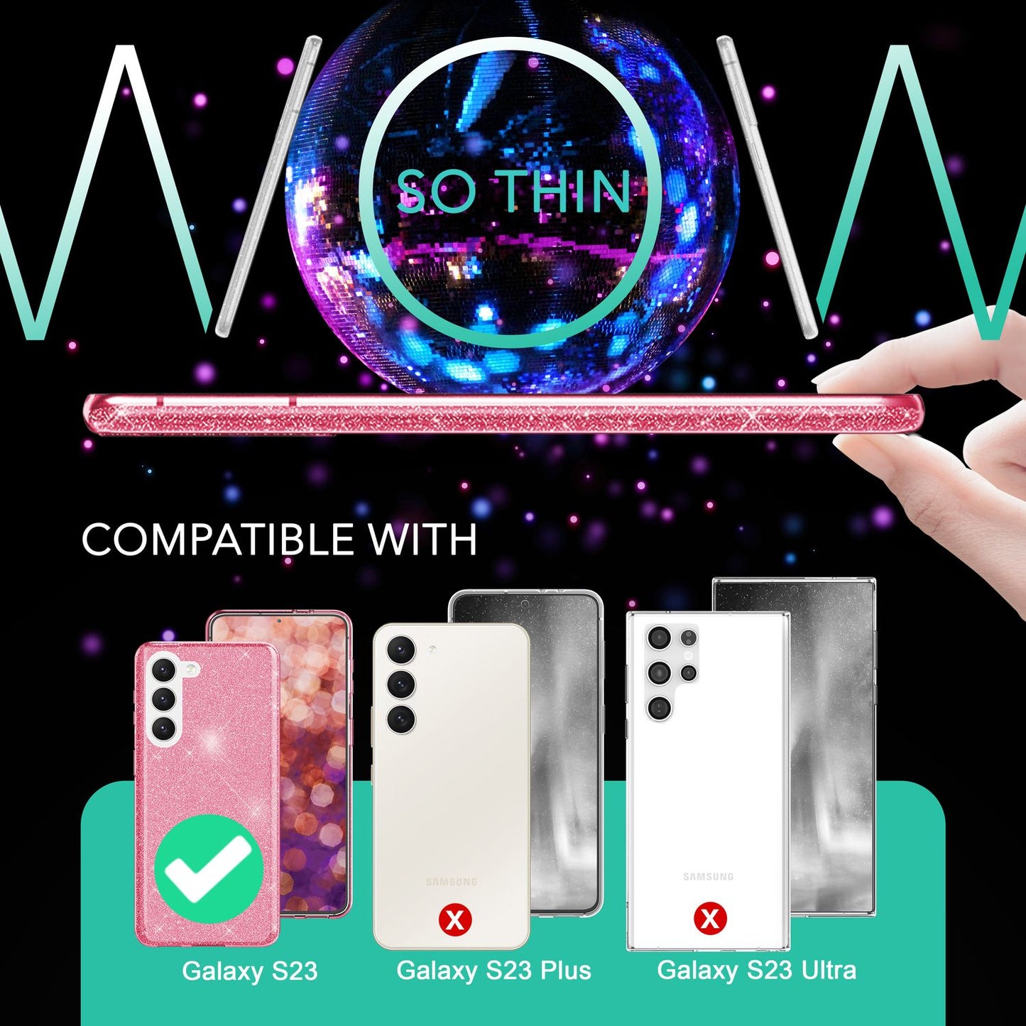 Carcasă hibridă din silicon cu sclipici pentru Samsung Galaxy S23, 2x folii de protecție pentru ecran