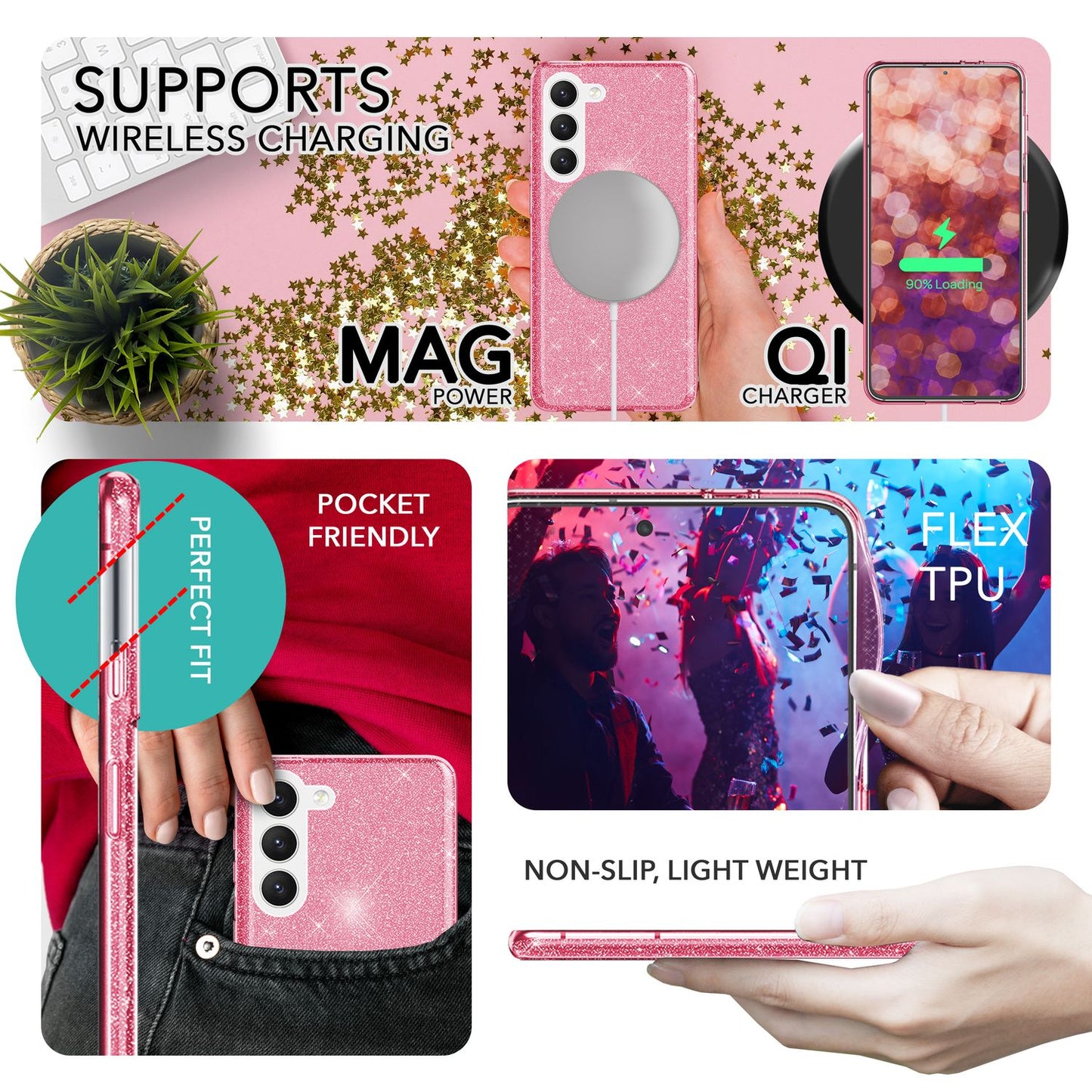 Carcasă hibridă din silicon cu sclipici pentru Samsung Galaxy S23, 2x folii de protecție pentru ecran