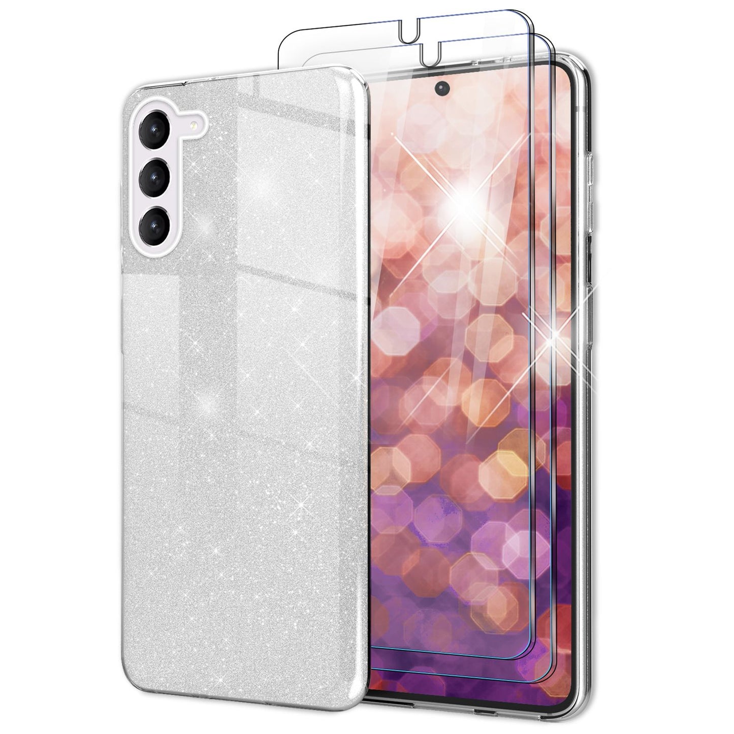 Carcasă hibridă din silicon cu sclipici pentru Samsung Galaxy S23, 2x folii de protecție pentru ecran