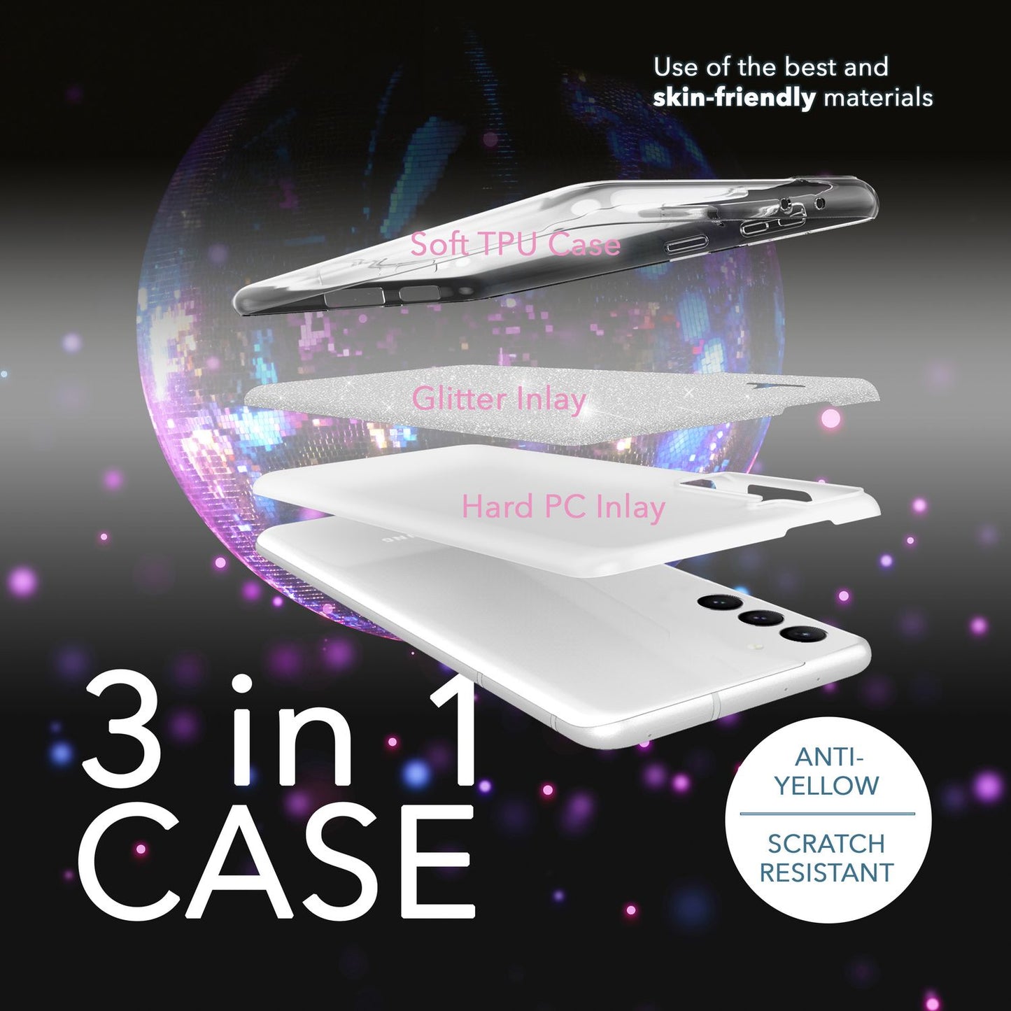 Carcasă hibridă din silicon cu sclipici pentru Samsung Galaxy S23, 2x folii de protecție pentru ecran