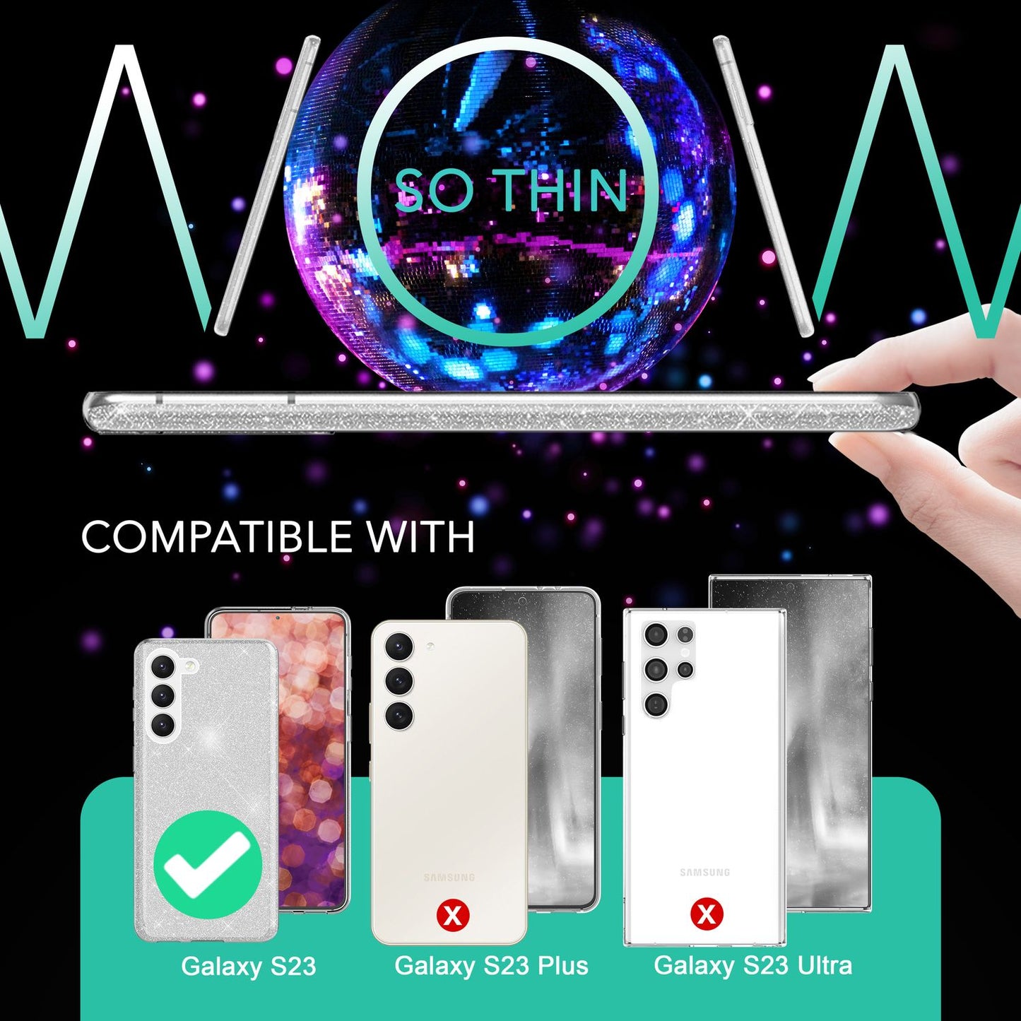 Carcasă hibridă din silicon cu sclipici pentru Samsung Galaxy S23, 2x folii de protecție pentru ecran