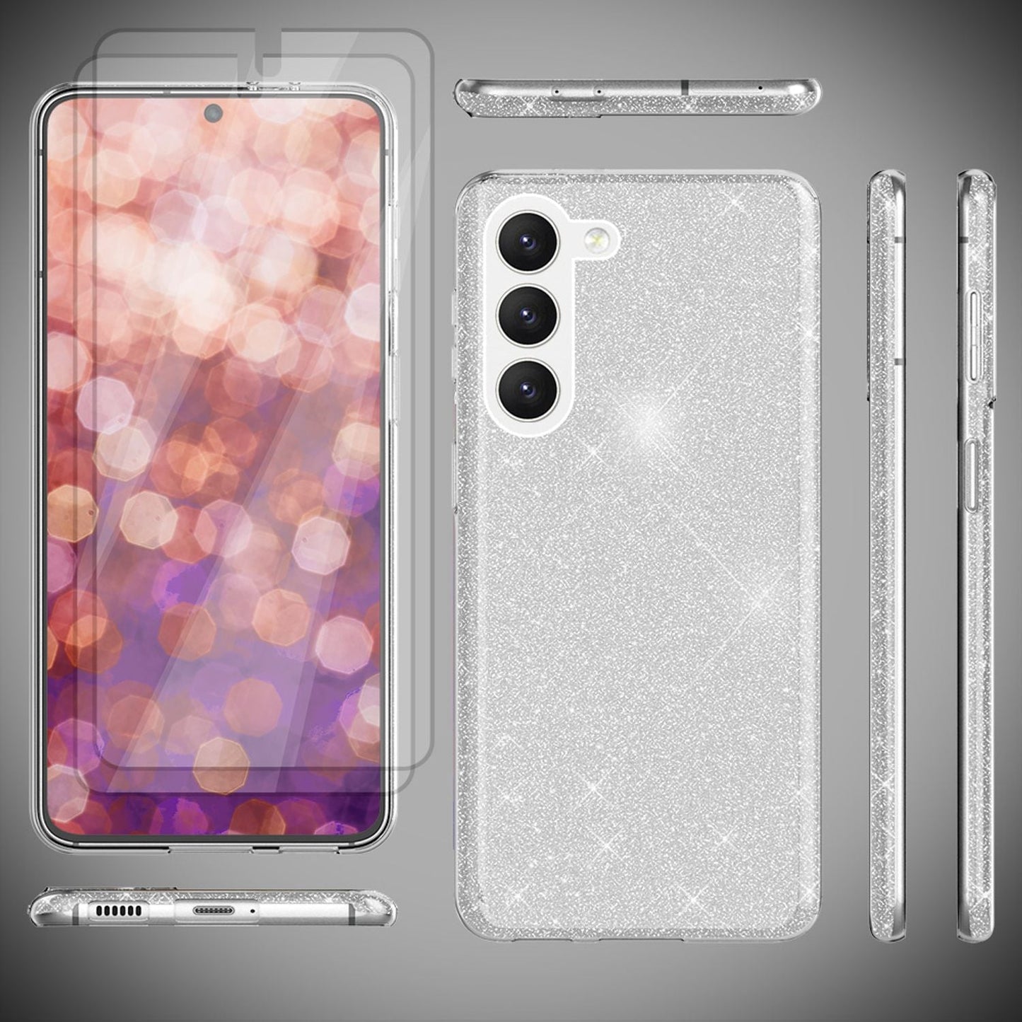 Carcasă hibridă din silicon cu sclipici pentru Samsung Galaxy S23, 2x folii de protecție pentru ecran