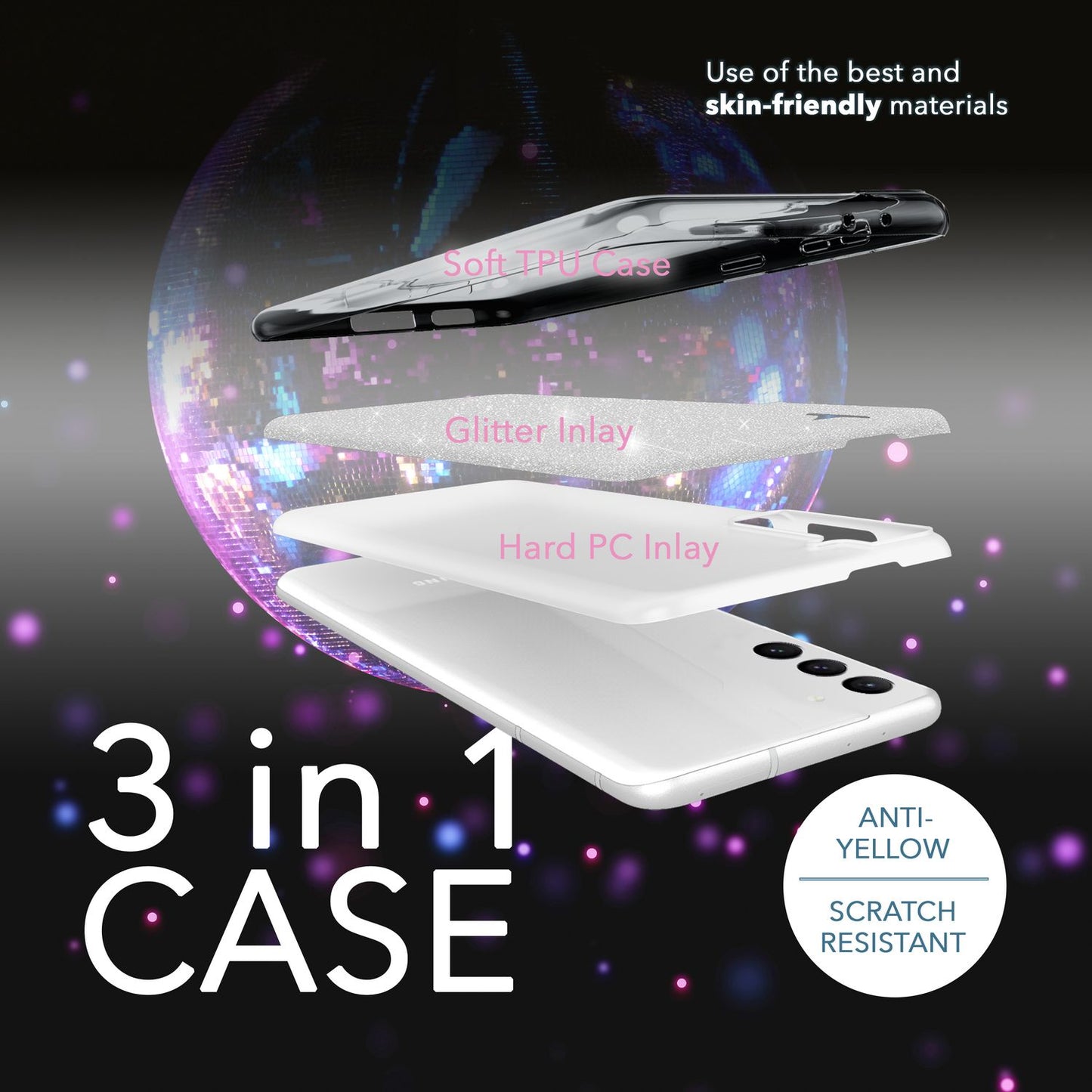 Glitzer Hybrid Hülle für Samsung Galaxy S23 Plus, 2x Displayschutz Glas