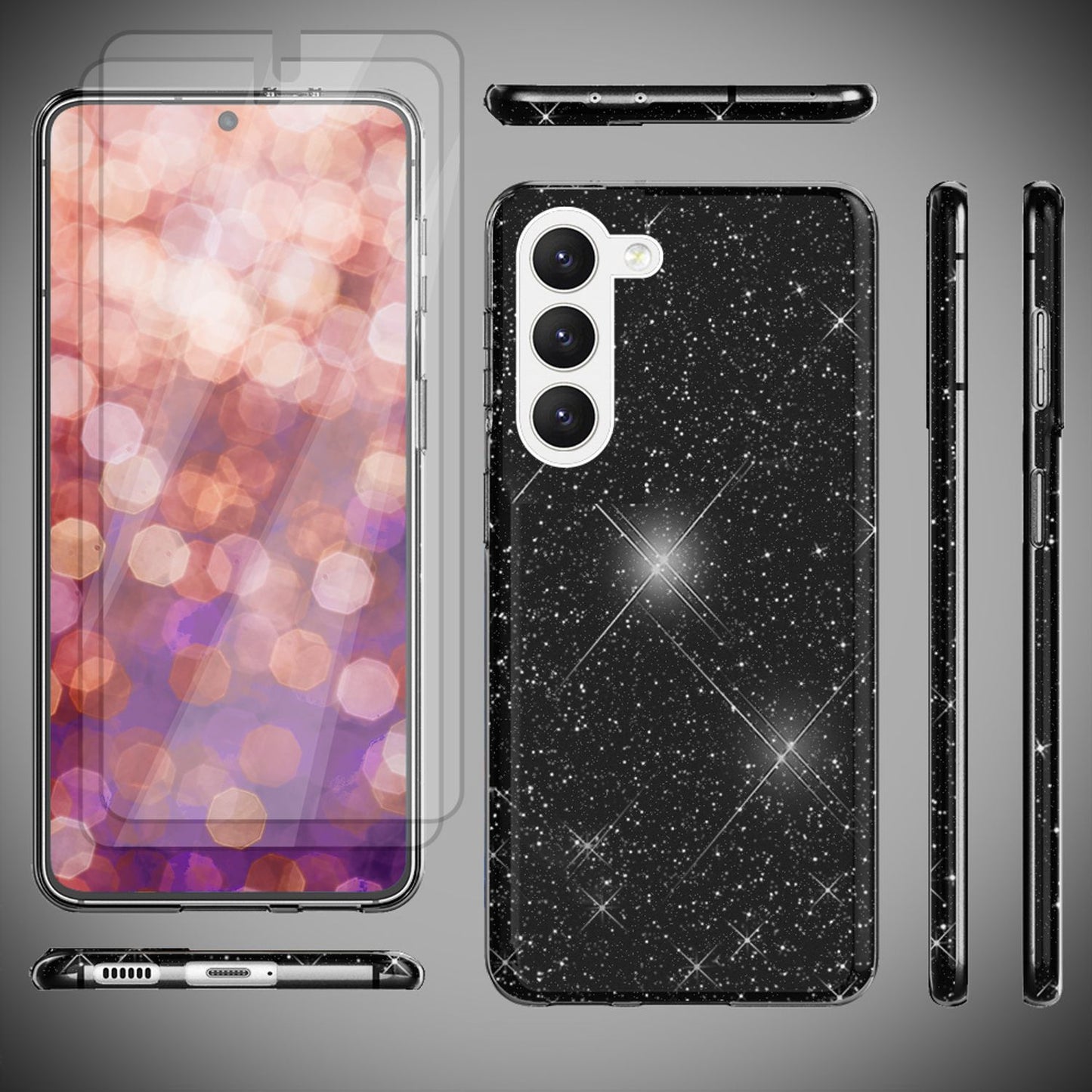 Glitzer Hybrid Hülle für Samsung Galaxy S23 Plus, 2x Displayschutz Glas