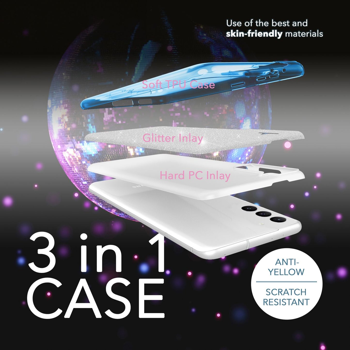 Glitzer Hybrid Hülle für Samsung Galaxy S23 Plus, 2x Displayschutz Glas