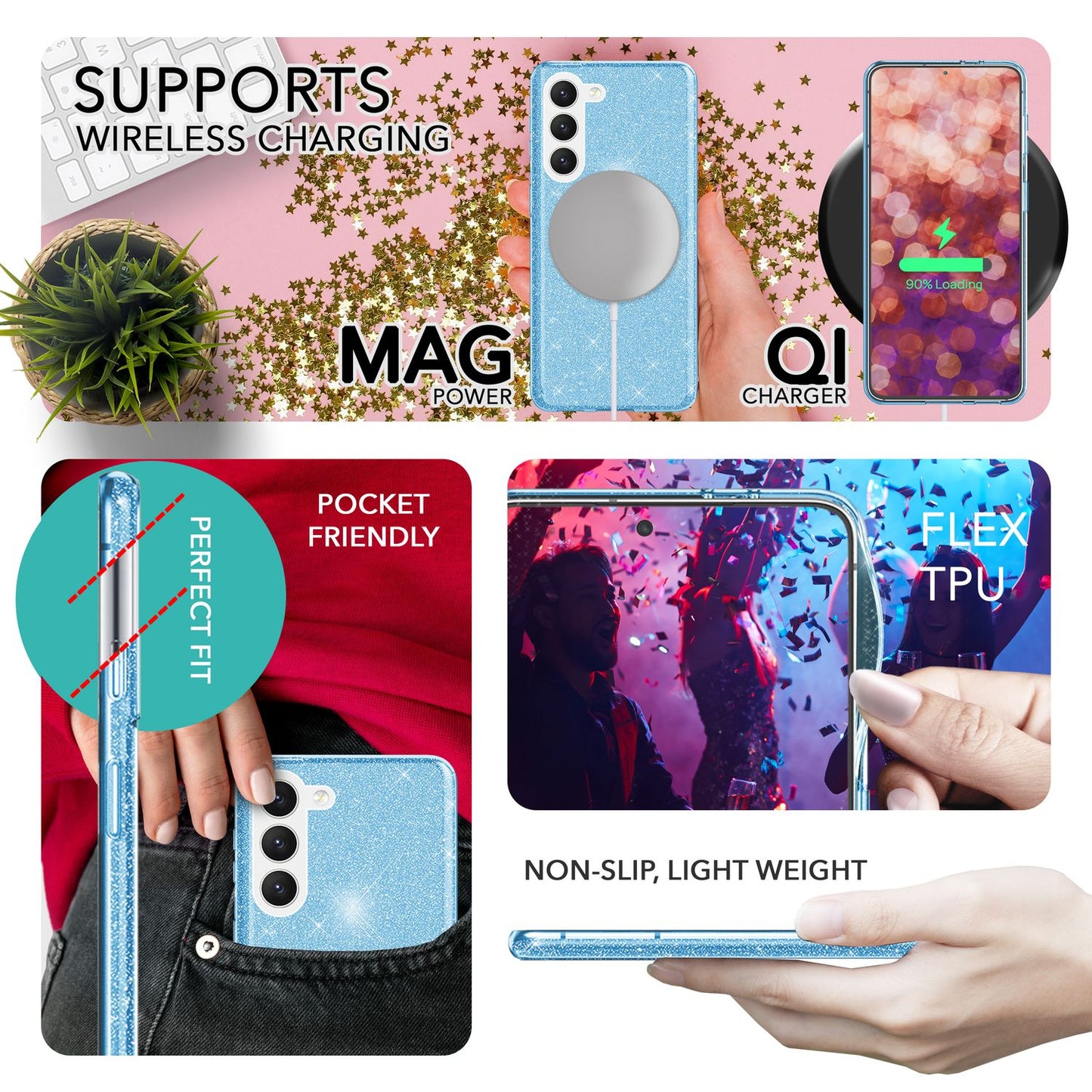 Glitzer Hybrid Hülle für Samsung Galaxy S23 Plus, 2x Displayschutz Glas