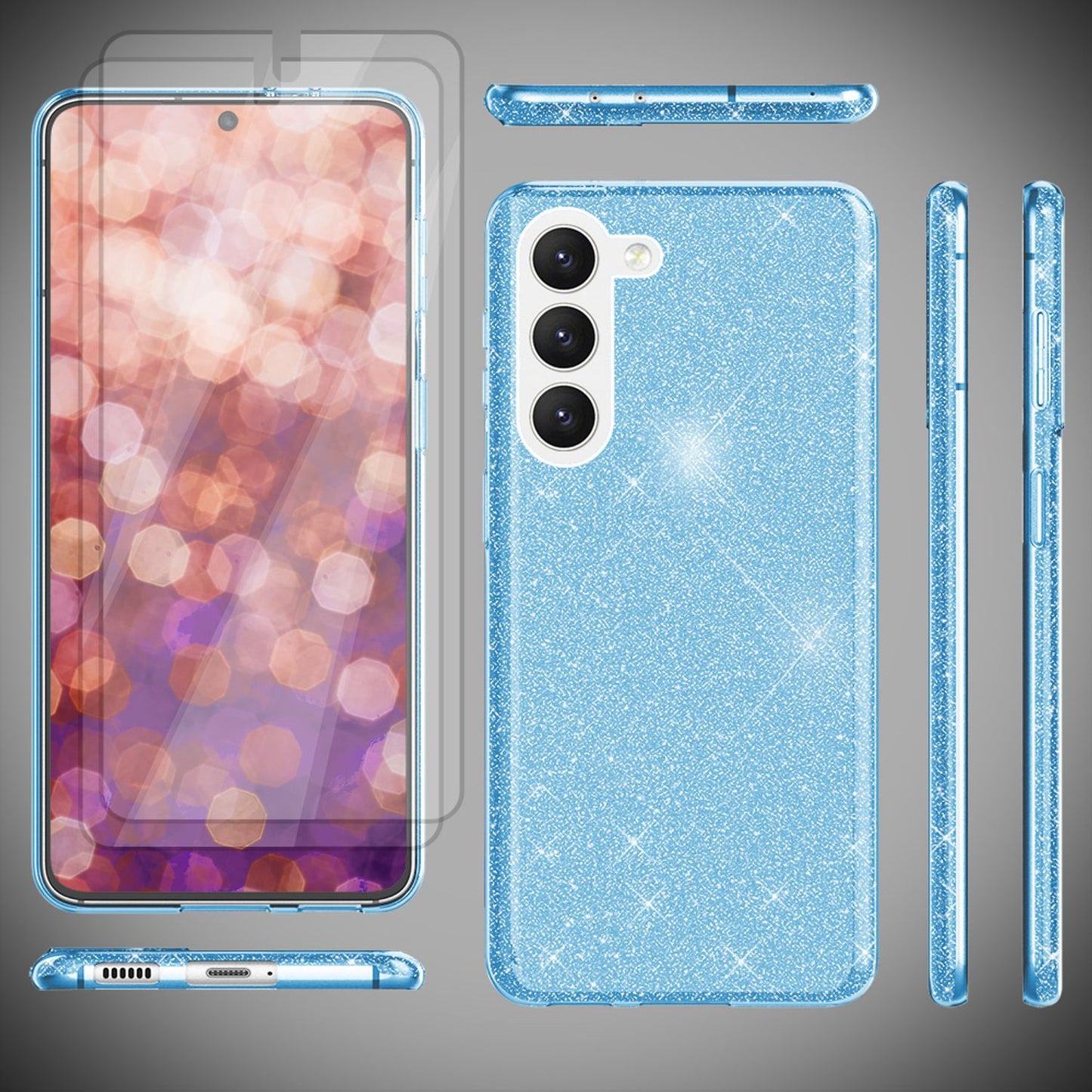 Glitzer Hybrid Hülle für Samsung Galaxy S23 Plus, 2x Displayschutz Glas