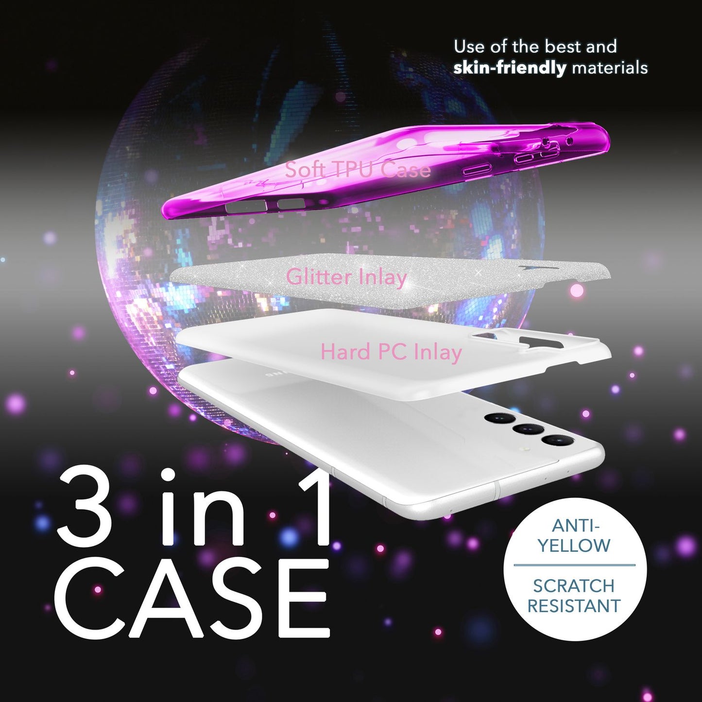 Glitzer Hybrid Hülle für Samsung Galaxy S23 Plus, 2x Displayschutz Glas