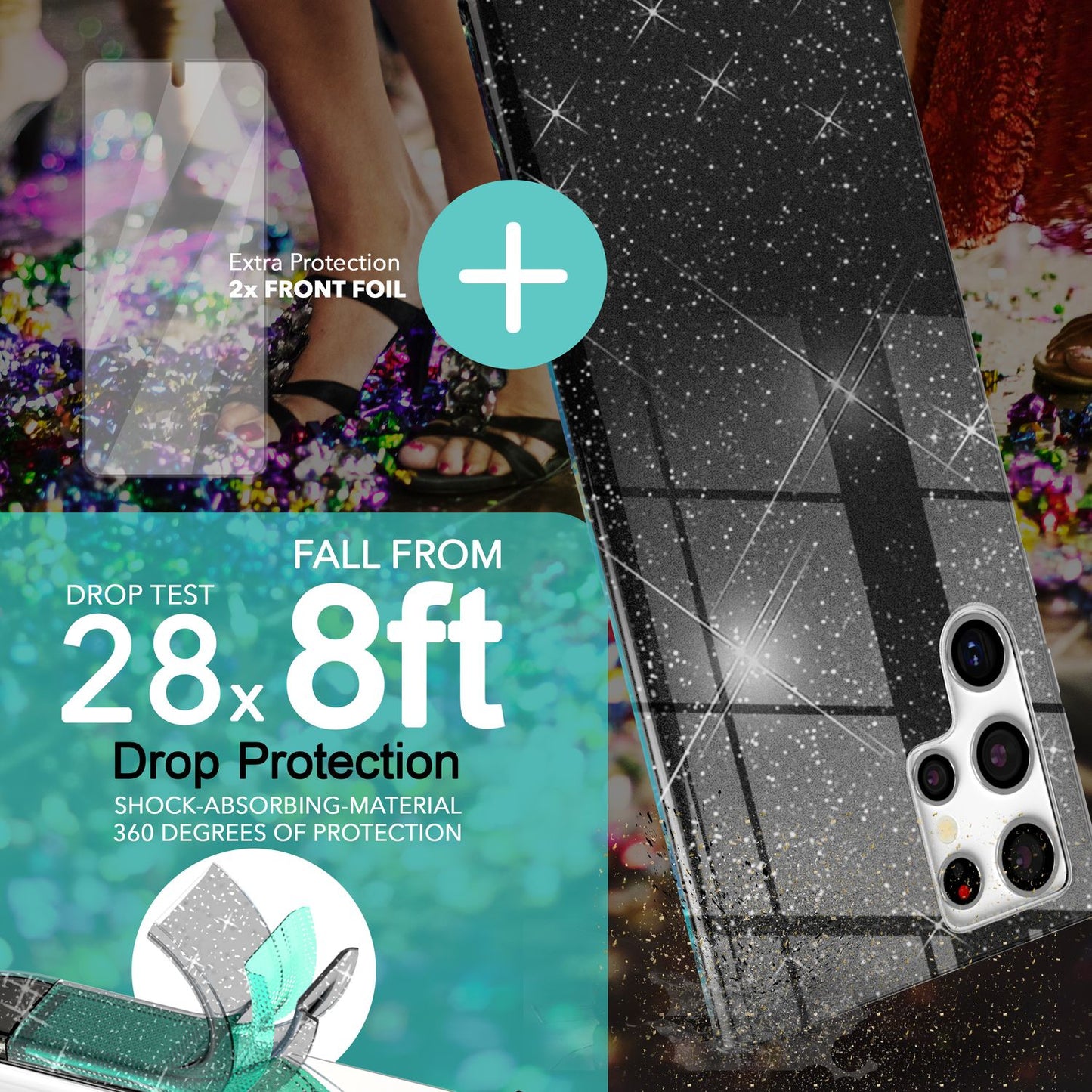 Glitzer Hybrid Hülle für Samsung Galaxy S23 Ultra, 2x Displayschutz