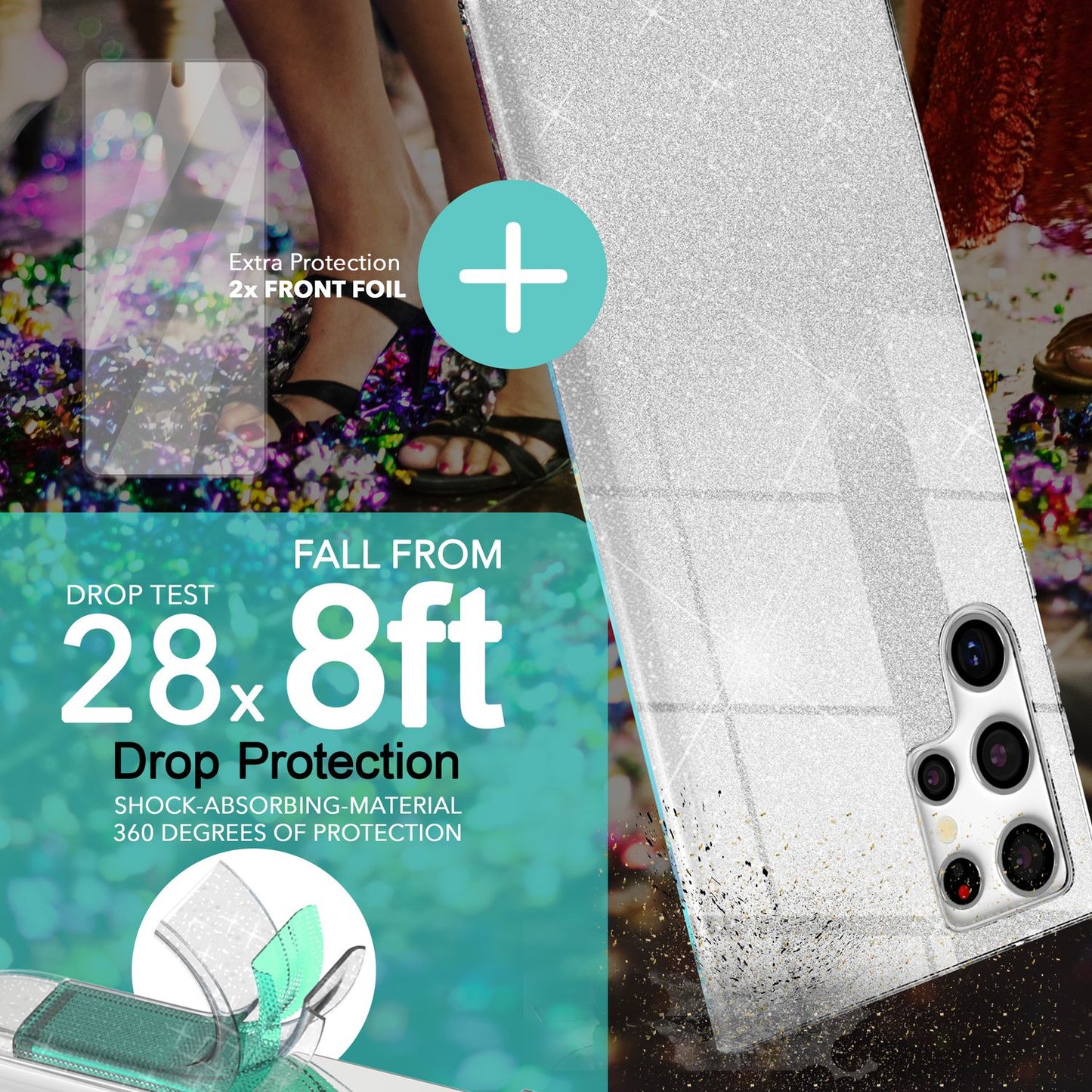 Glitzer Hybrid Hülle für Samsung Galaxy S23 Ultra, 2x Displayschutz