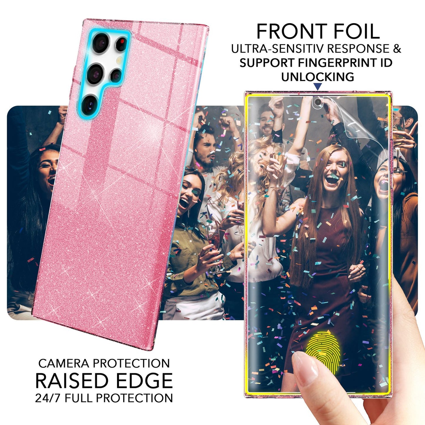 Glitzer Hybrid Hülle für Samsung Galaxy S23 Ultra, 2x Displayschutz