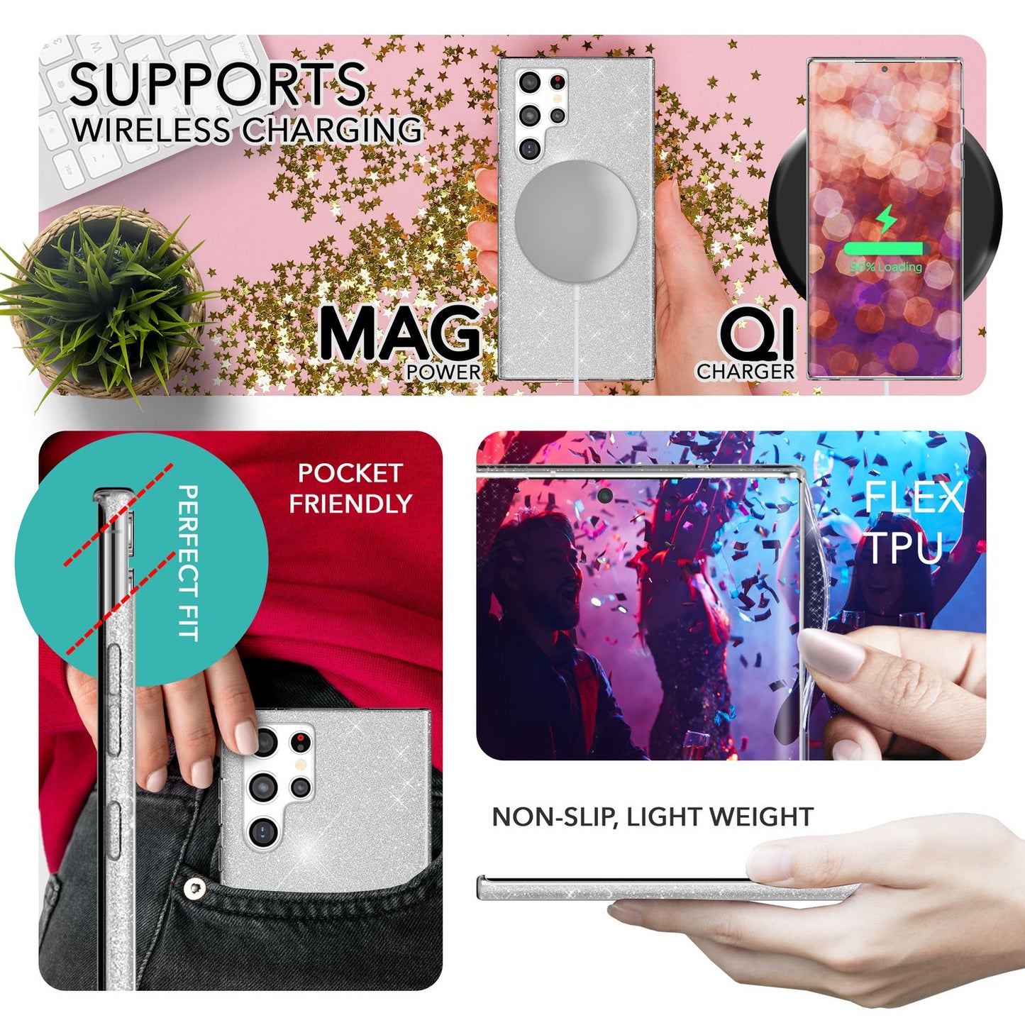 Glitzer Hybrid Hülle für Samsung Galaxy S23 Ultra, 2x Displayschutz