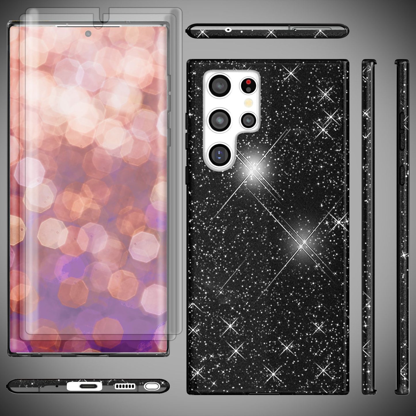 Glitzer Hybrid Hülle für Samsung Galaxy S23 Ultra, 2x Displayschutz