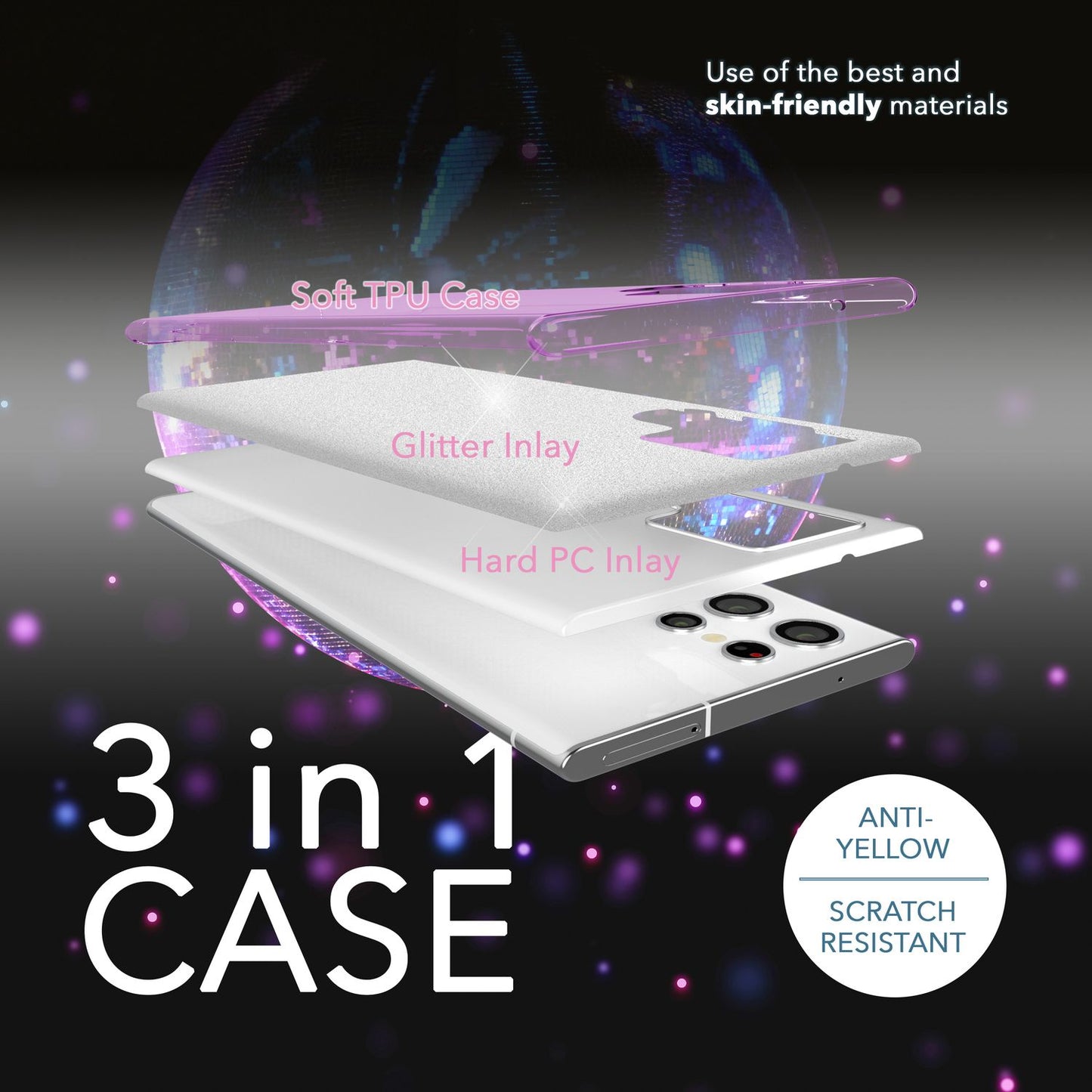 Glitzer Hybrid Hülle für Samsung Galaxy S23 Ultra, 2x Displayschutz