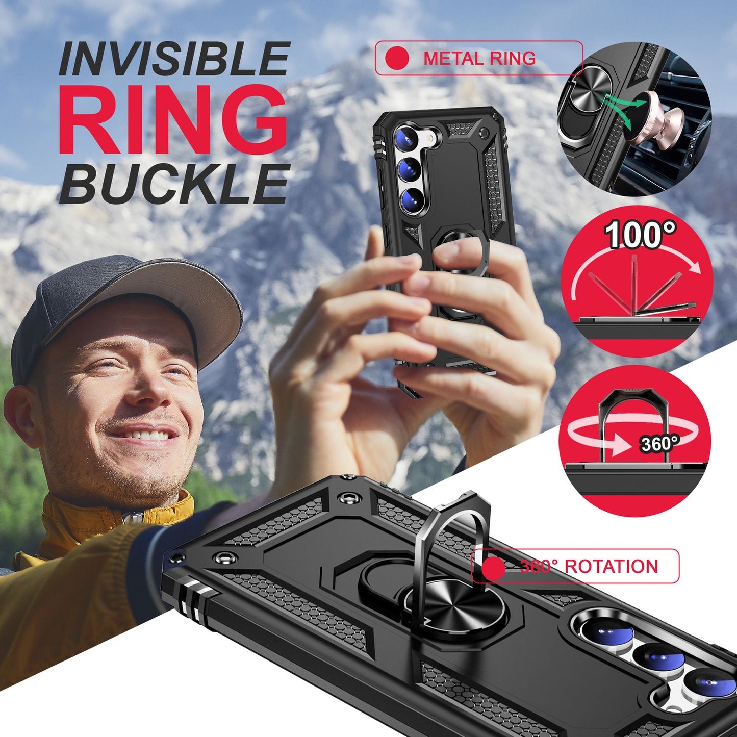 Military Ring Hülle für Samsung Galaxy S23, 2x Display- & Kameraschutz