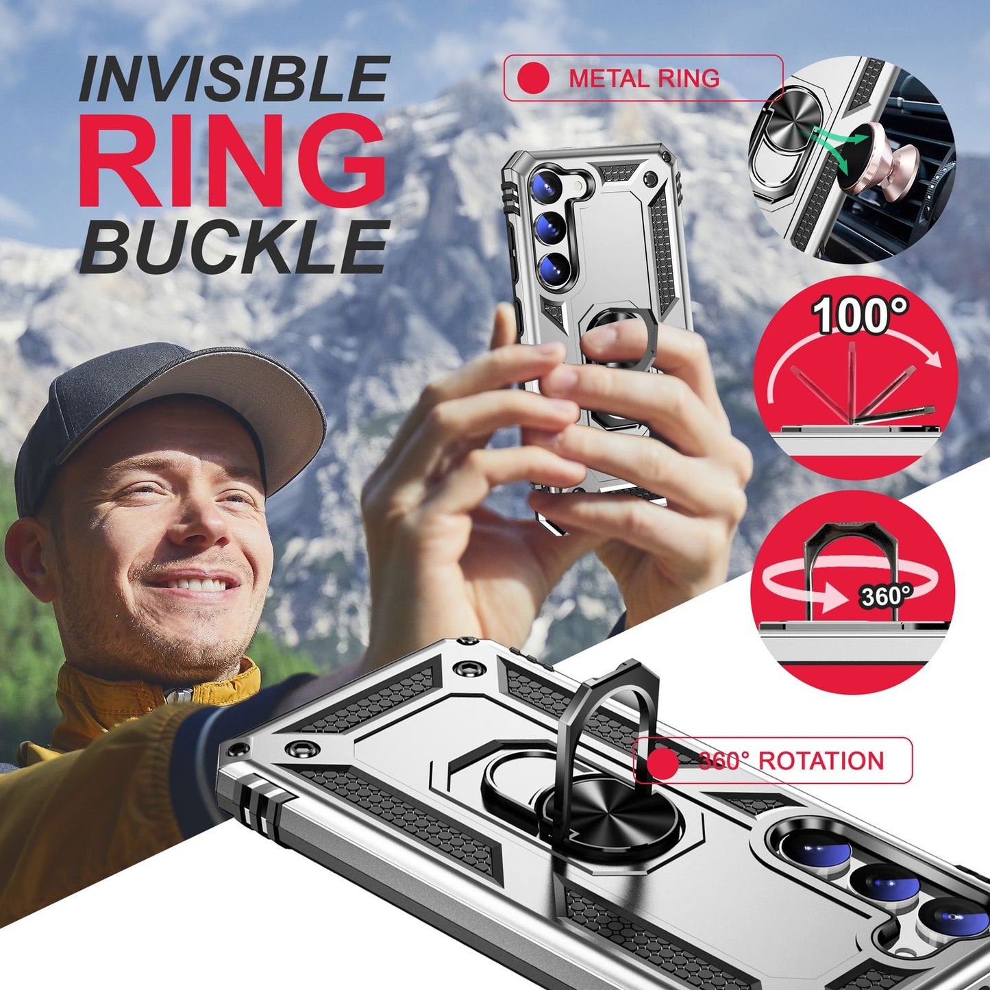 Military Ring Hülle für Samsung Galaxy S23, 2x Display- & Kameraschutz