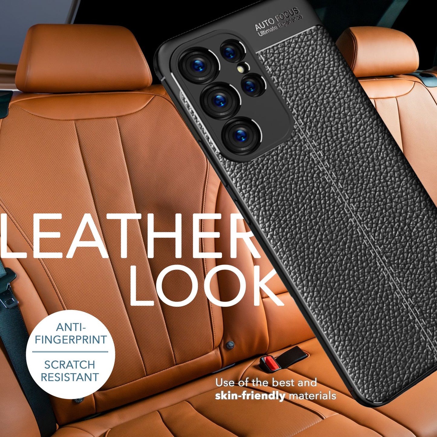 Husă Barron S23 Ultra cu aspect de piele - 2 folii de protecție pentru ecran, TPU, neagră