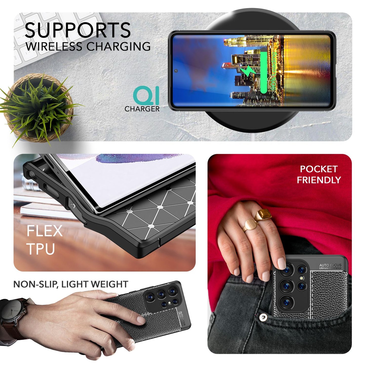 Husă Barron S23 Ultra cu aspect de piele - 2 folii de protecție pentru ecran, TPU, neagră