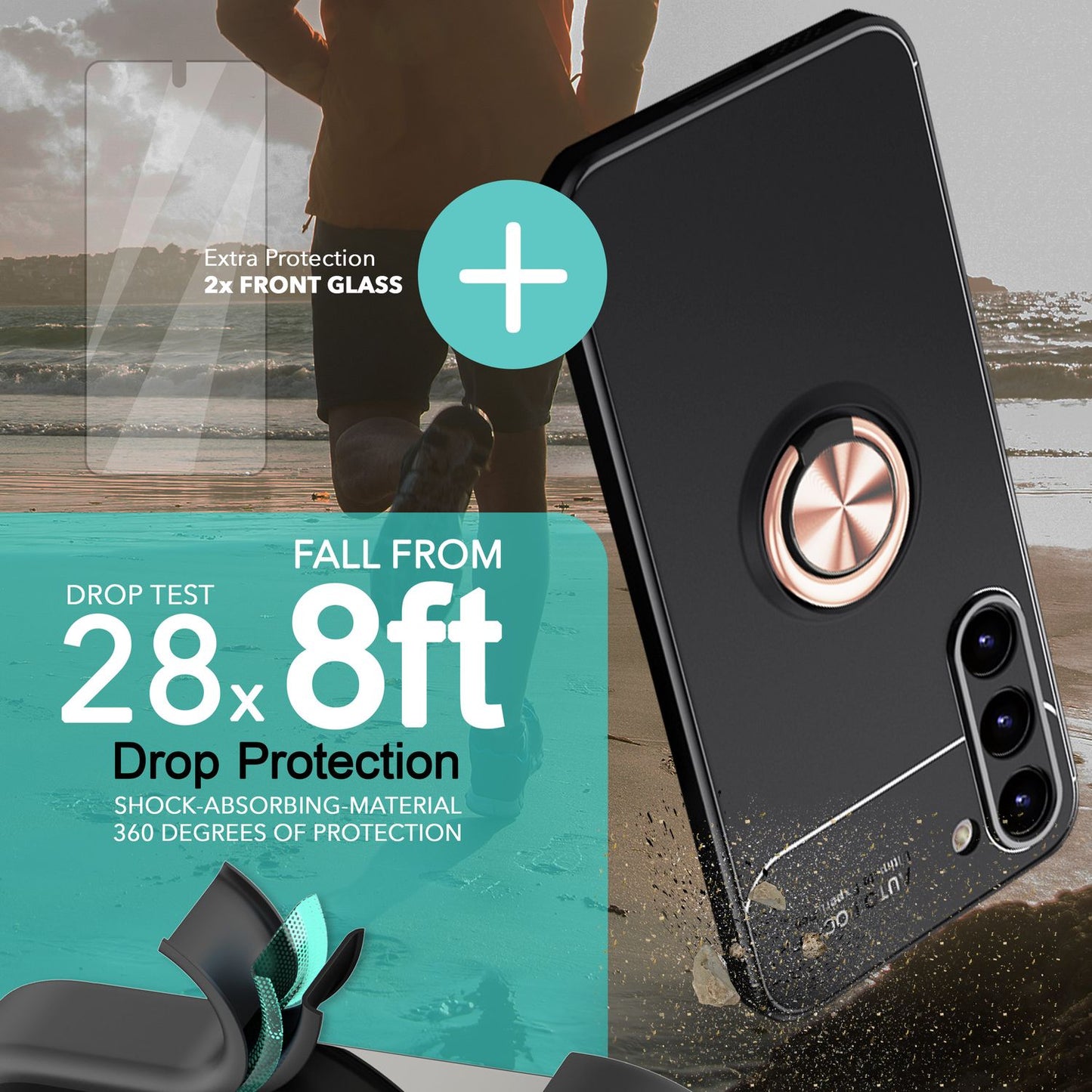 Husă NALIA Berlin Matte Ring din silicon, Grip360 - Suport inelar la 360 de grade, compatibilă cu Galaxy S23 Plus, 2x Protecții de ecran