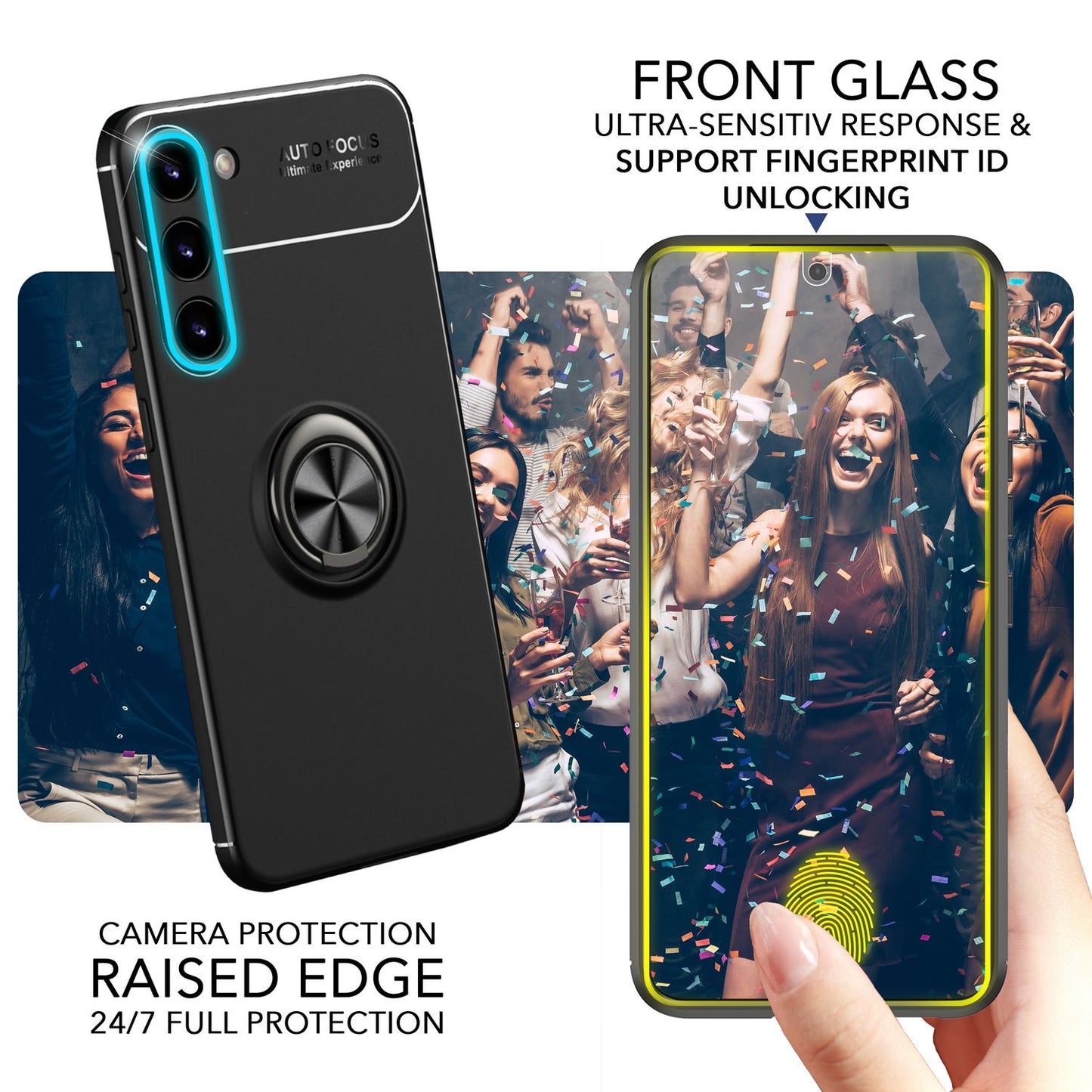 Husă NALIA Berlin Matte Ring din silicon, Grip360 - Suport inelar la 360 de grade, compatibilă cu Galaxy S23 Plus, 2x Protecții de ecran