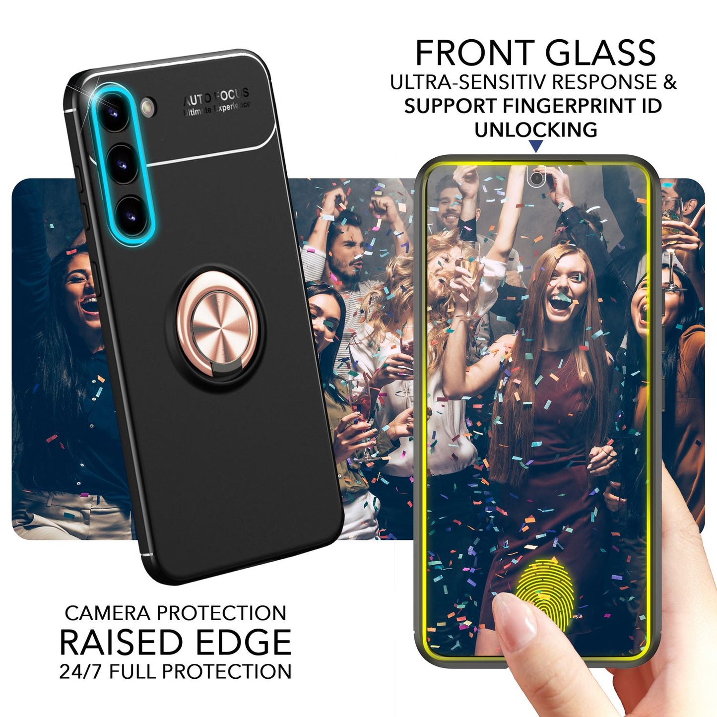 Husă NALIA Berlin Matte Ring din silicon, Grip360 - Suport inelar la 360 de grade, compatibilă cu Galaxy S23 Plus, 2x Protecții de ecran