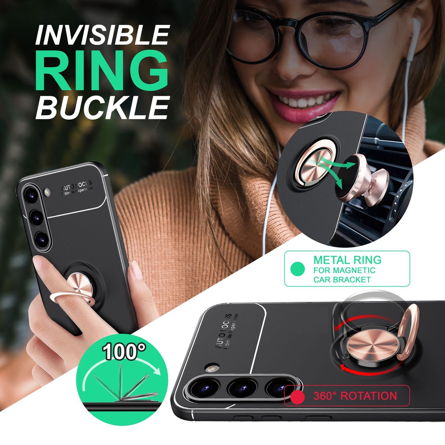 Husă NALIA Berlin Matte Ring din silicon, Grip360 - Suport inelar la 360 de grade, compatibilă cu Galaxy S23 Plus, 2x Protecții de ecran