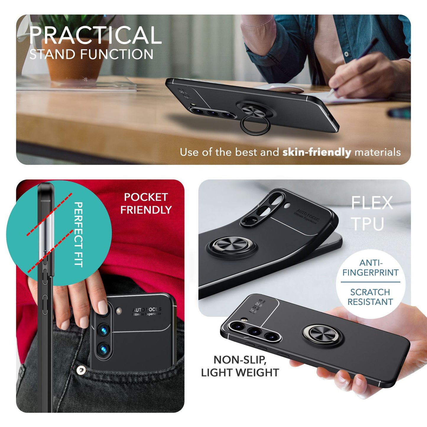 Husă NALIA Berlin Matte Ring din silicon, Grip360 - Suport inelar la 360 de grade, compatibilă cu Galaxy S23 Plus, 2x Protecții de ecran