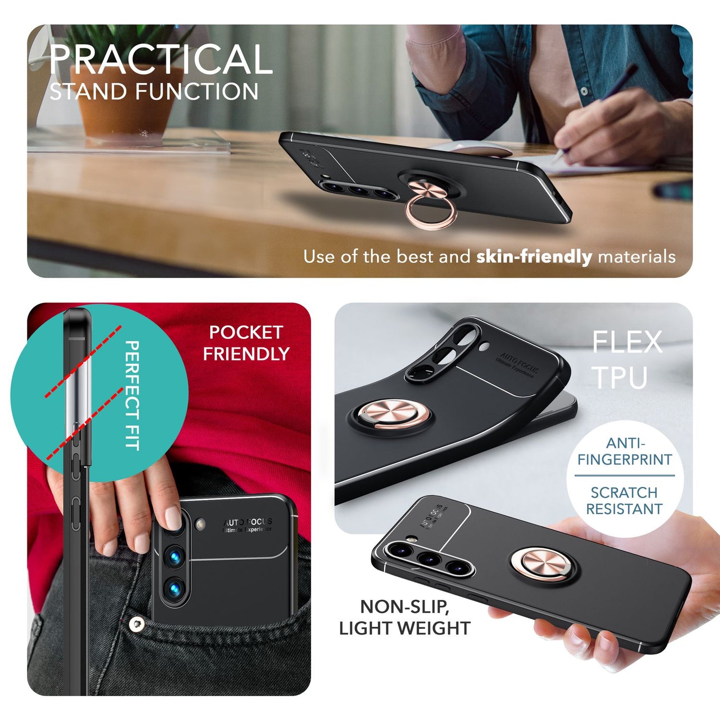 Husă NALIA Berlin Matte Ring din silicon, Grip360 - Suport inelar la 360 de grade, compatibilă cu Galaxy S23 Plus, 2x Protecții de ecran