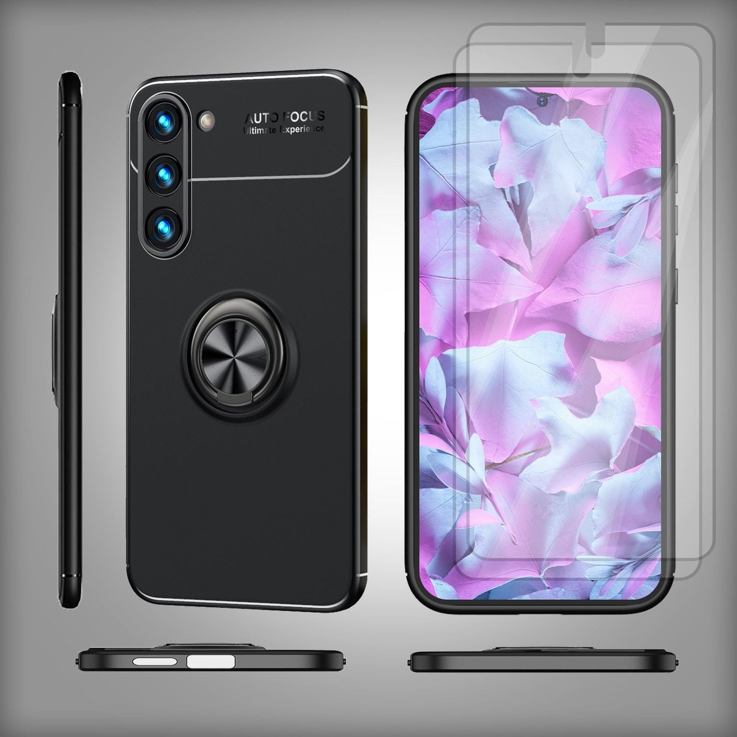 Husă NALIA Berlin Matte Ring din silicon, Grip360 - Suport inelar la 360 de grade, compatibilă cu Galaxy S23 Plus, 2x Protecții de ecran