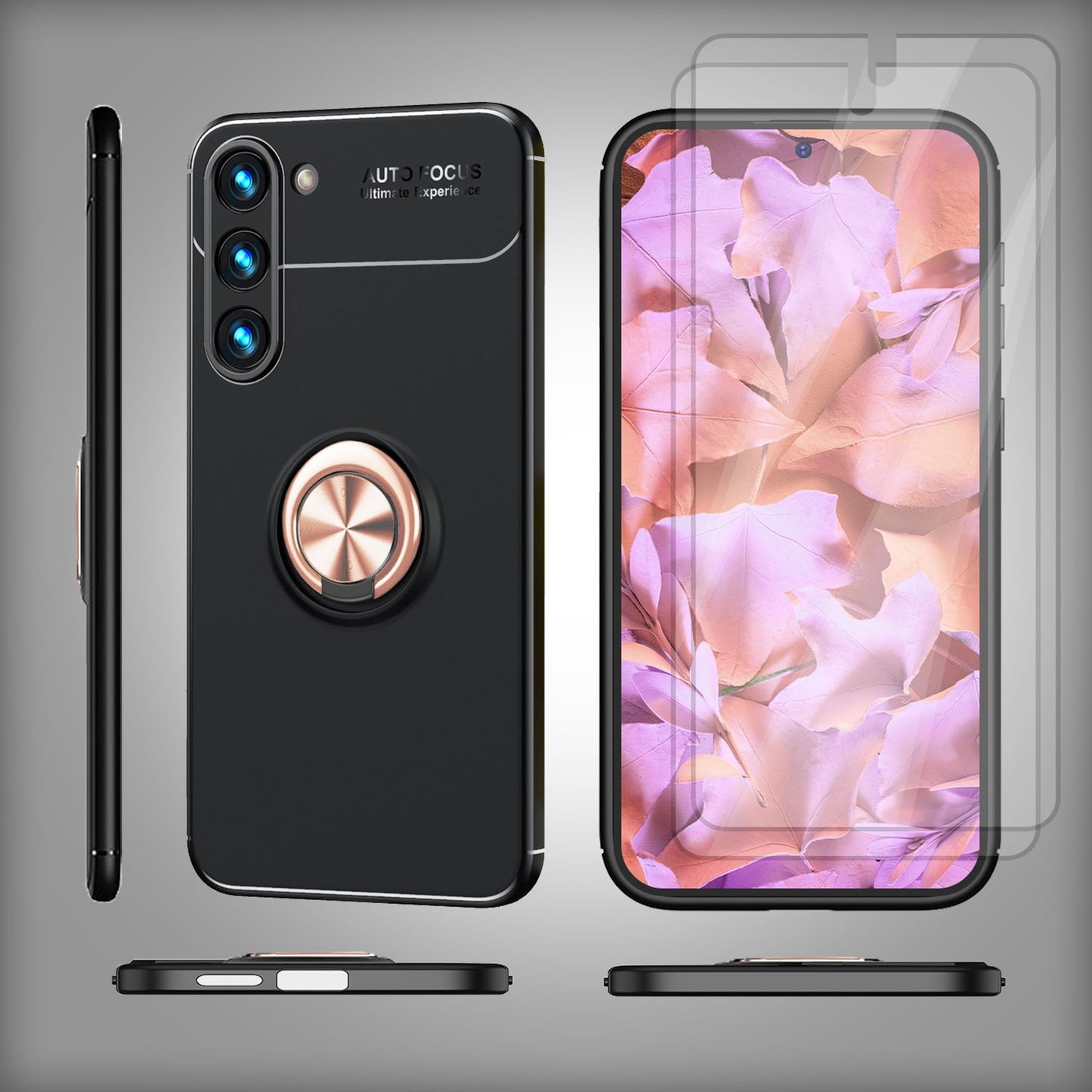 Husă NALIA Berlin Matte Ring din silicon, Grip360 - Suport inelar la 360 de grade, compatibilă cu Galaxy S23 Plus, 2x Protecții de ecran